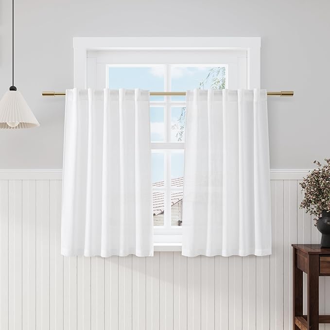 Nanspring 45 Inch Linen White Curtains for Kitchen Short Window Semi Sheer Light Filtering Linen Drapes Modern Farmhouse Back Tab Rod Pocket Curtain for Cafe Bathroom 34 X 45,2 Panels