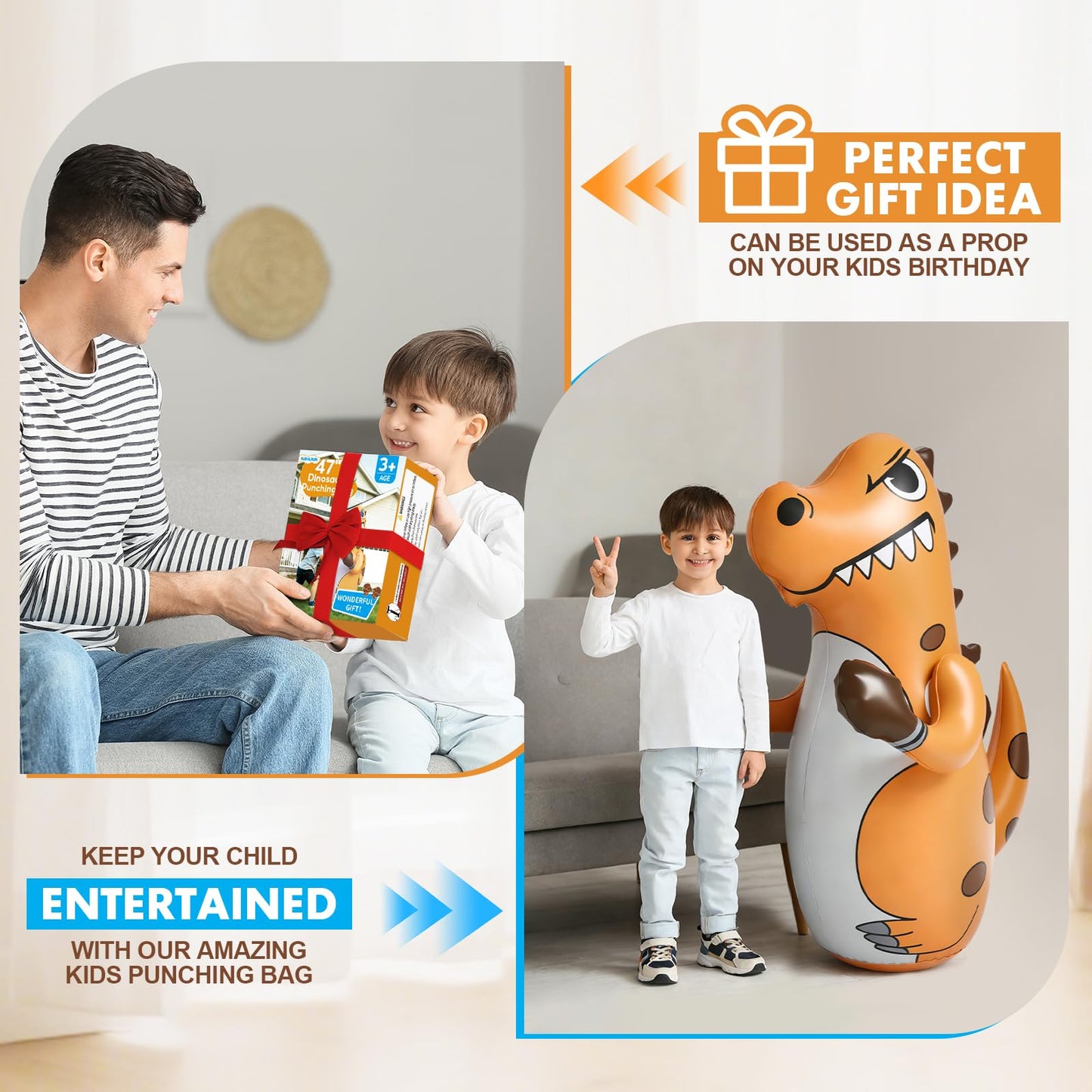 Inflatable Dinosaur Punching Bag for Kids, 47" Toddler Blow up Punching Bag for Ages 3-14, Children Bop Bag Toys & Gifts with Bounce-Back Action