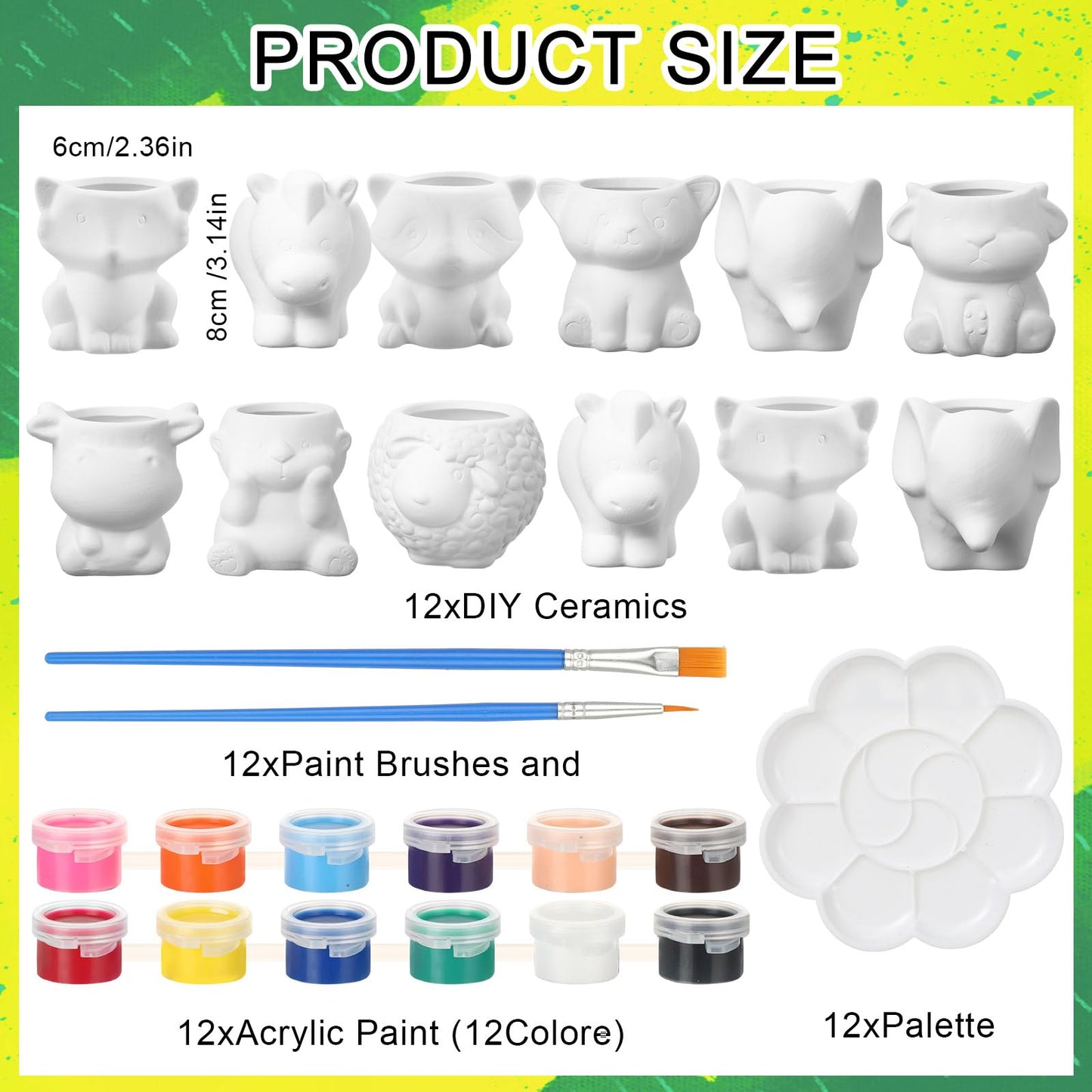 Hushee 12 Sets DIY Ceramic Succulent Pots Ready to Paint Animal Planters Unpainted Plant Flower Pots Bulk with Drainage Hole and Bisque Paint ， Adults Craft Christmas