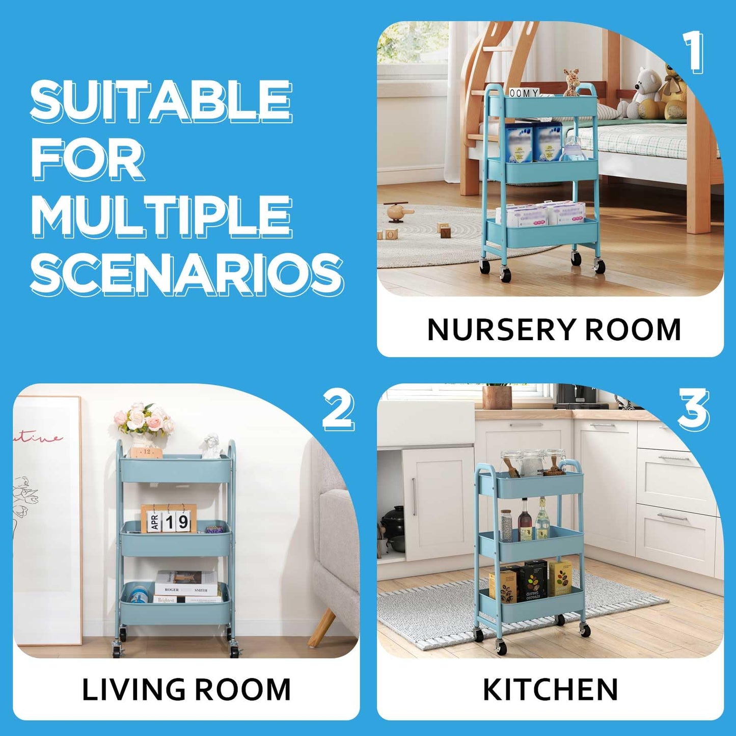 AGTEK 3 Tier Utility Rolling Cart with Lockable Wheels, Metal Multifunctional Storage, Organizer Cart for Kitchen, Office, Living Room, Makeup, Craft, Art Studio, Light Blue
