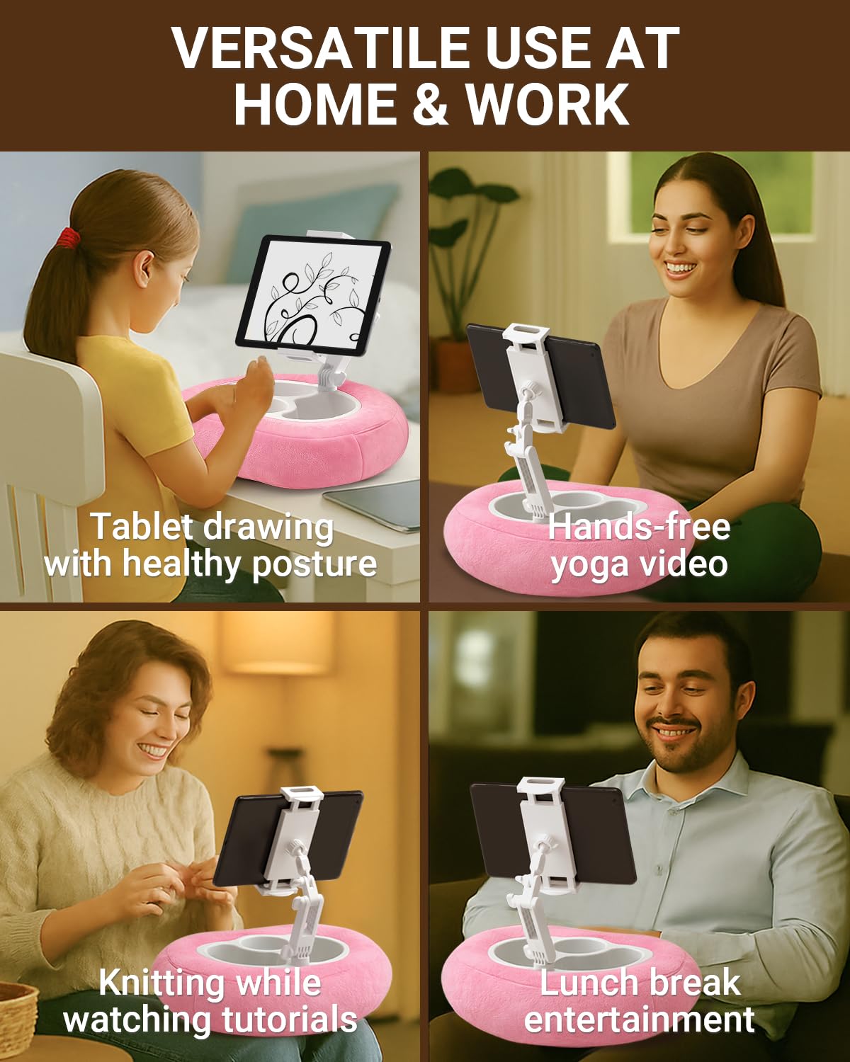 Tablet & Kindle Pillow Stand for Bed, Adjustable iPad Holder for Couch and Lap with 2 Snack Bowls, Cup Holder, 50 Disposable Liners and Washable Cover, Pink