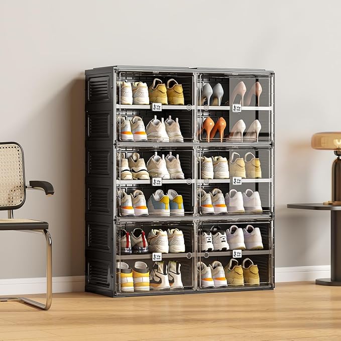 Black Shoe Rack Organizer Cabinet for Closet Entryway,Clear Shoe Storage Boxes Stackable Sneaker Storage with Door Easy Assembly Shoe Cabinet with Lids Large 4 Tiers 16 Pairs