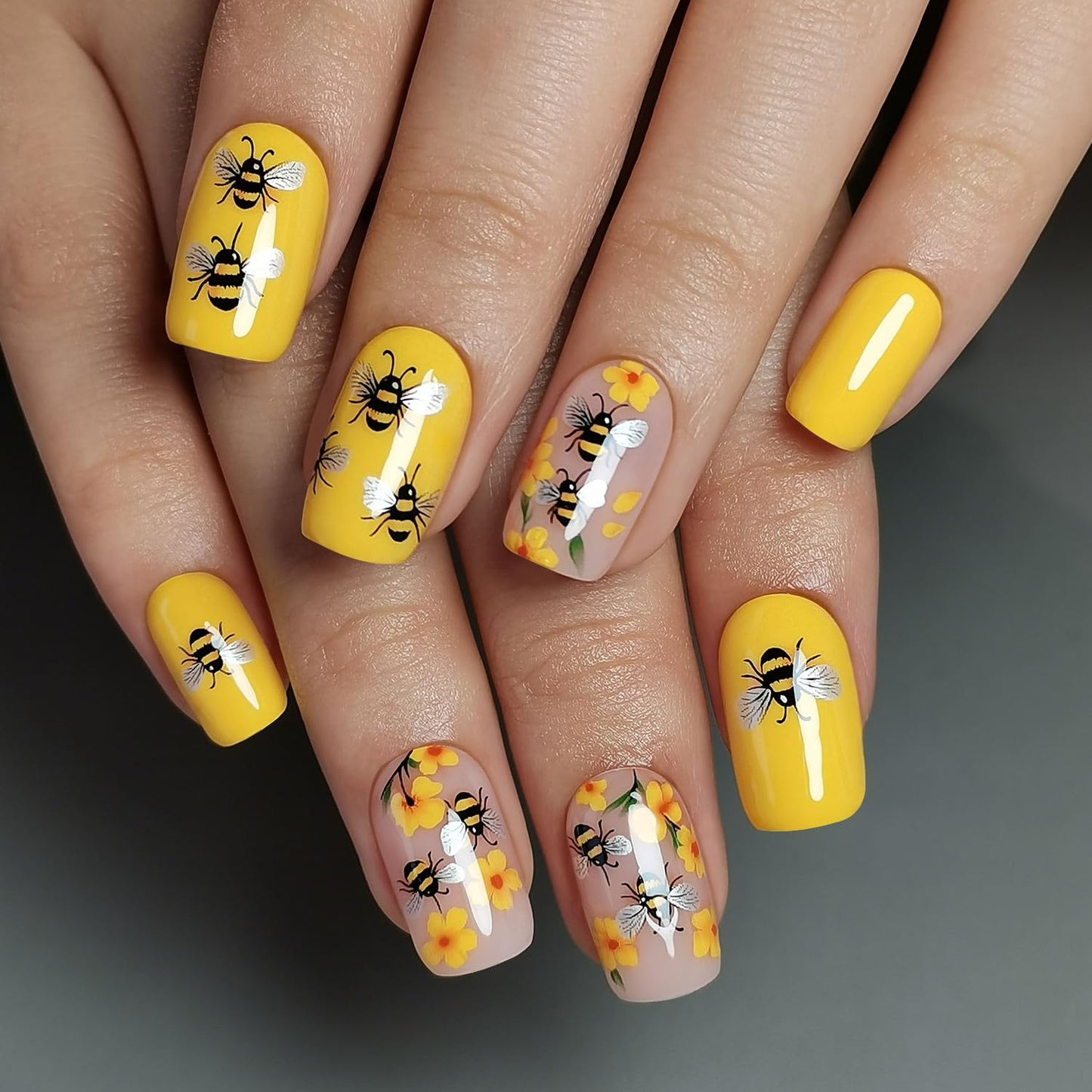 CurvLife Press On Nails Stick On Short Design Acrylic Stick On Nails Tips Glue On False Nails Kit For Women (Bee, Medium)