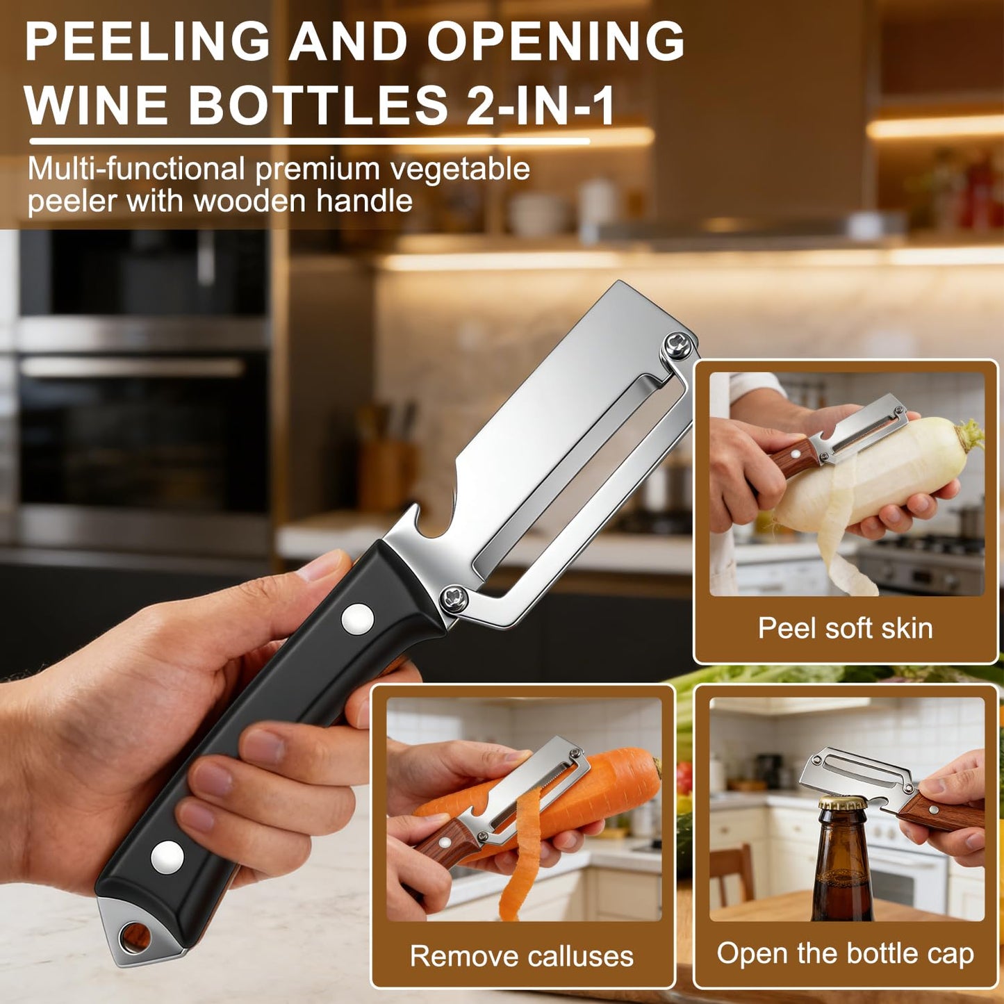 2PCS Multifunctional Vegetable Peeler for Kitchen, Premium Vegetable Peeler with Wooden Handle and Bottle Opener, Stainless Steel Blade Kitchen Tool for Fruit Apple Potato Pumpkin Papaya