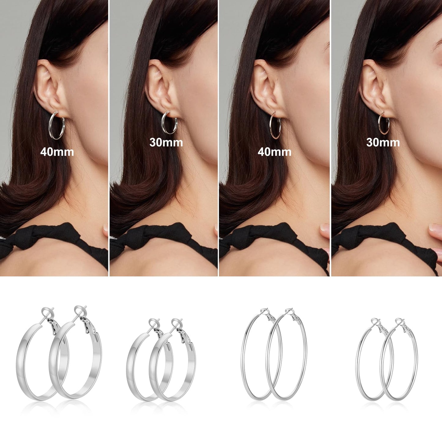 PICKBEAU Chunky Silver Hoop Earrings for Women | 14K Plated Hypoallergenic 4mm Wide & Thin Big Round Circle Hoops Stainless Steel Womens Dangle Earring Set (30/40mm)