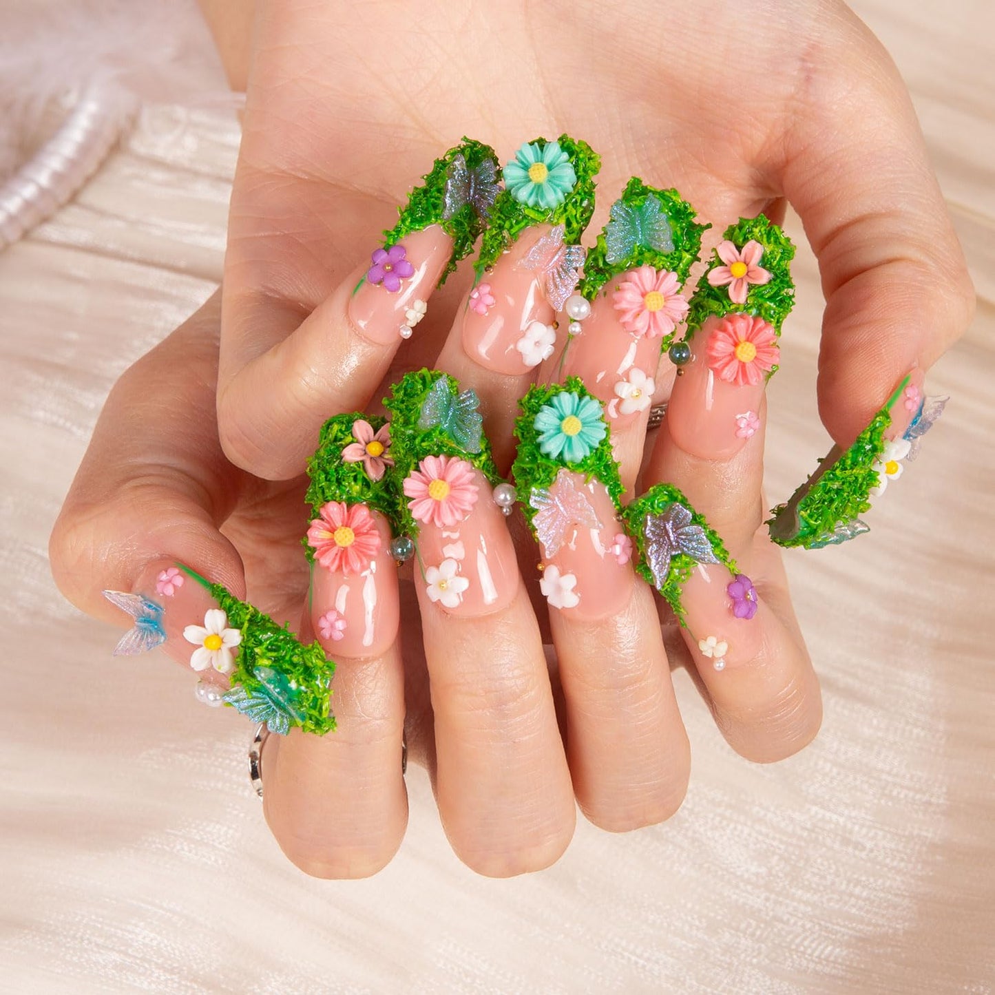 LOVFUL Press on Nails Fairy Tale Garden | Handmade with Full Covered Crystals | Reusable Full Cover Nails | Coffin Classic Regular 1.3 in | H151-L