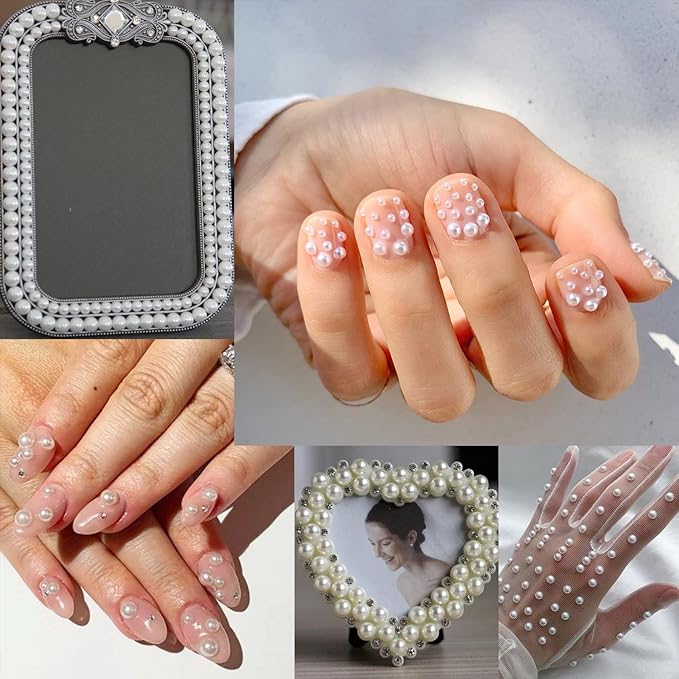 Nail Art Flat Back Half Round Pearl Kits 14, 1 Box of 6000 Pcs Flat-Back Mixed Color Pearl with Tweezer and Picker Pencil for Home DIY Nails Body Face Craft and Salon Use