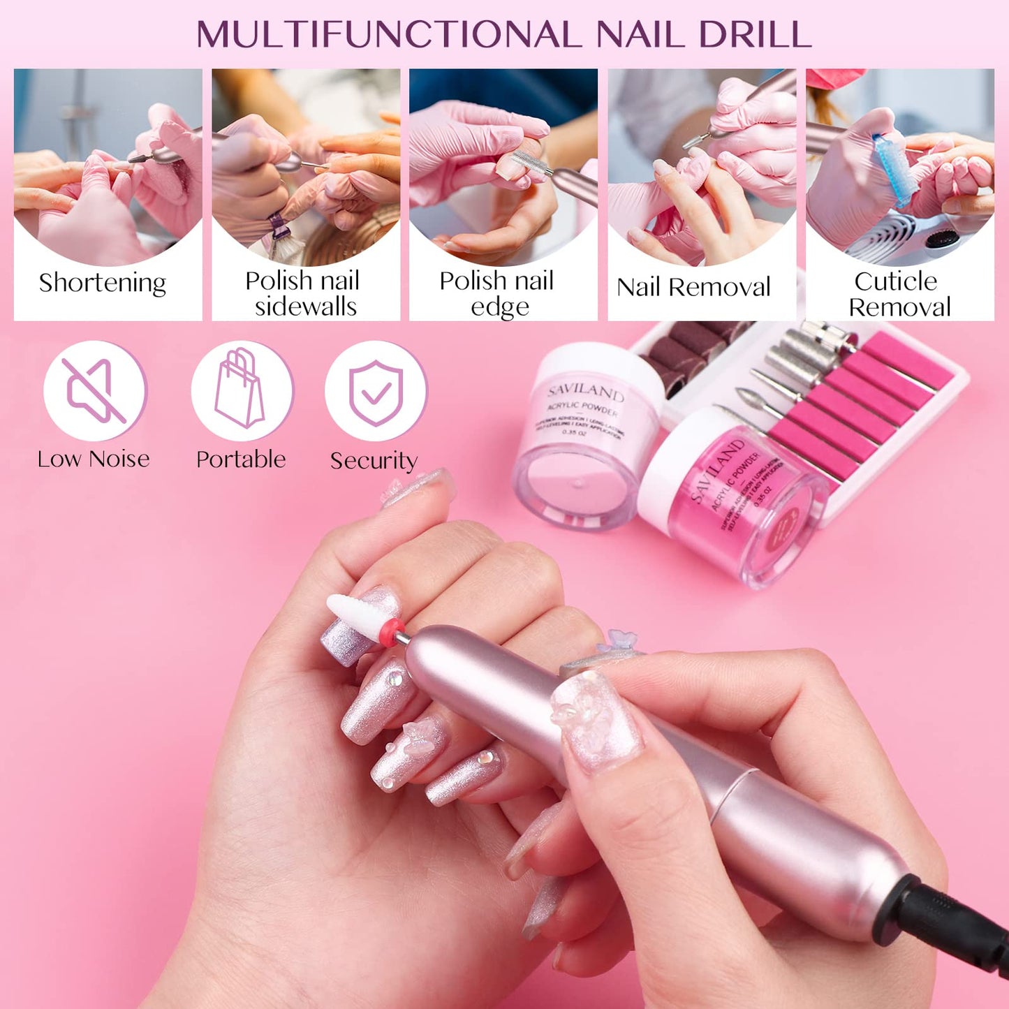SAVILAND Acrylic Nail Kit with Drill: 3 Colors Acrylic Powder 0.5 oz Each, Nail Liquid, 20,000 RPM Nail Drill, Brushes & All Essential Tools, Nail Kit for Beginners with Everything for DIY Extension