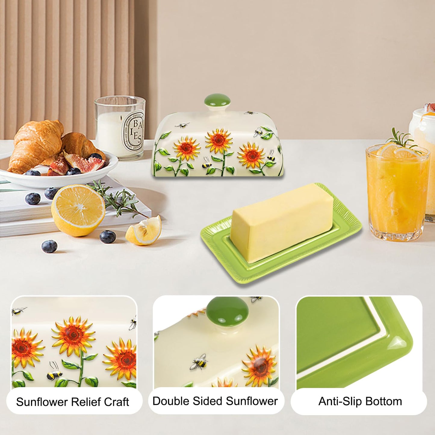 Butter Dish with Lid for Countertop, Sunflower Butter Keeper Holder, 7.5”x4.3” Large Ceramic Butter Tray Storage Sunflower Decor Valentine's Day Mother's Day Gifts
