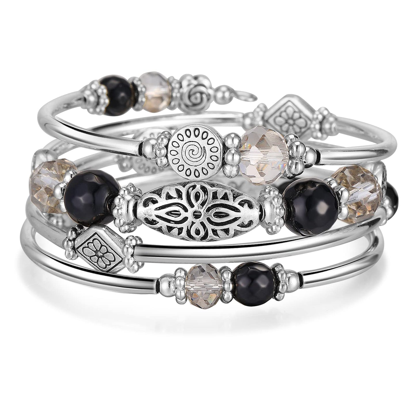 FULU AUTUMN Stackable Beaded Bracelets for Women Boho Wrap Silver Bracelet Layered Fashion Jewelry Gifts for Her(Black grey)