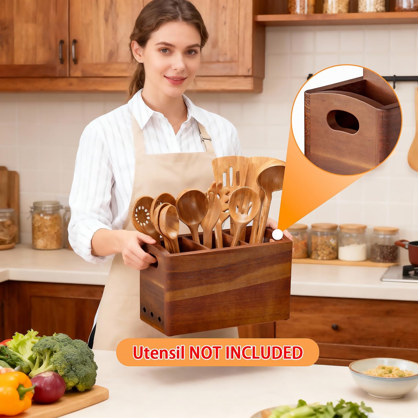 PrimZooty Natural Acacia Wood Utensil Holder for Kitchen Counter (Large), 3 Compartment with Removable Dividers 11.7"x7.1"x4.5", Large Cooking Utensil Organizer - Anti-Scratch Bottom