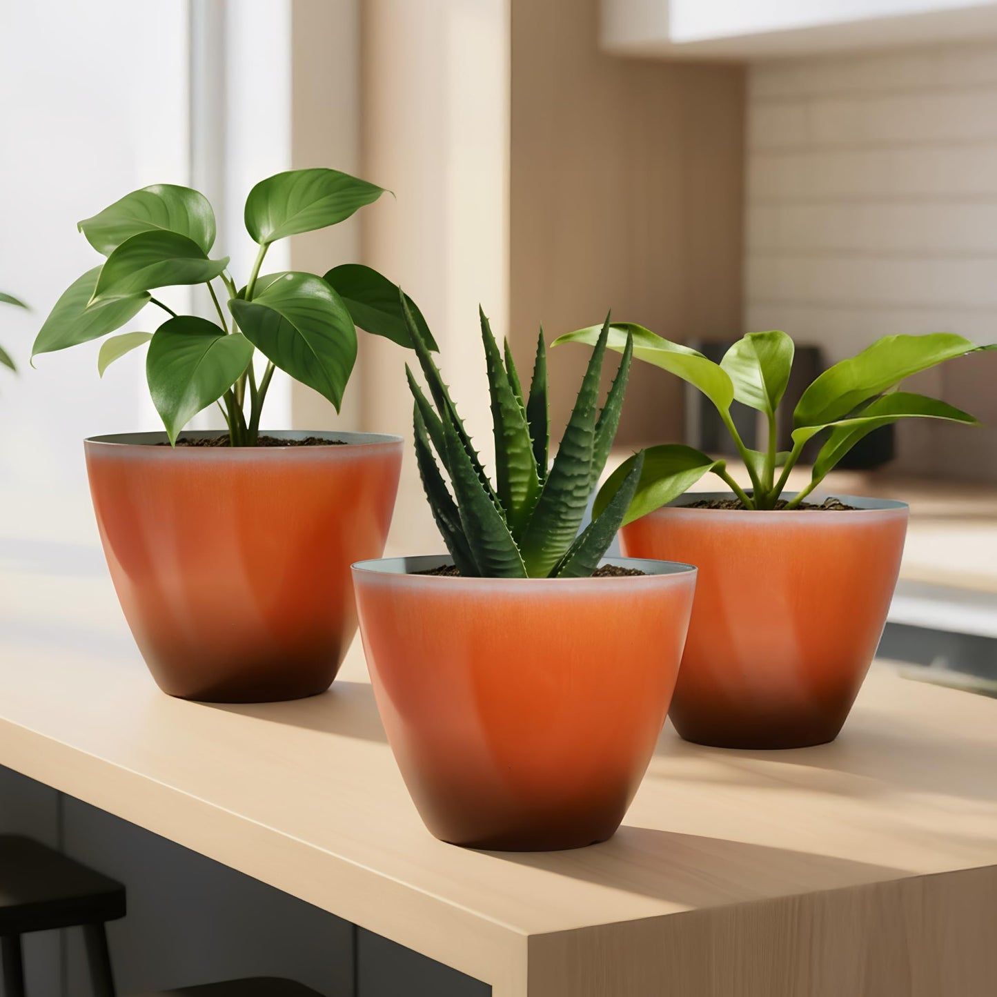 Vanslogreenk 8 inch Plant Pots Indoor Modern Glaze Planters with Drainage Holes, Garden Flower Pots Planter for Aloe, Herbs, Cactus (Orange, 2pcs)