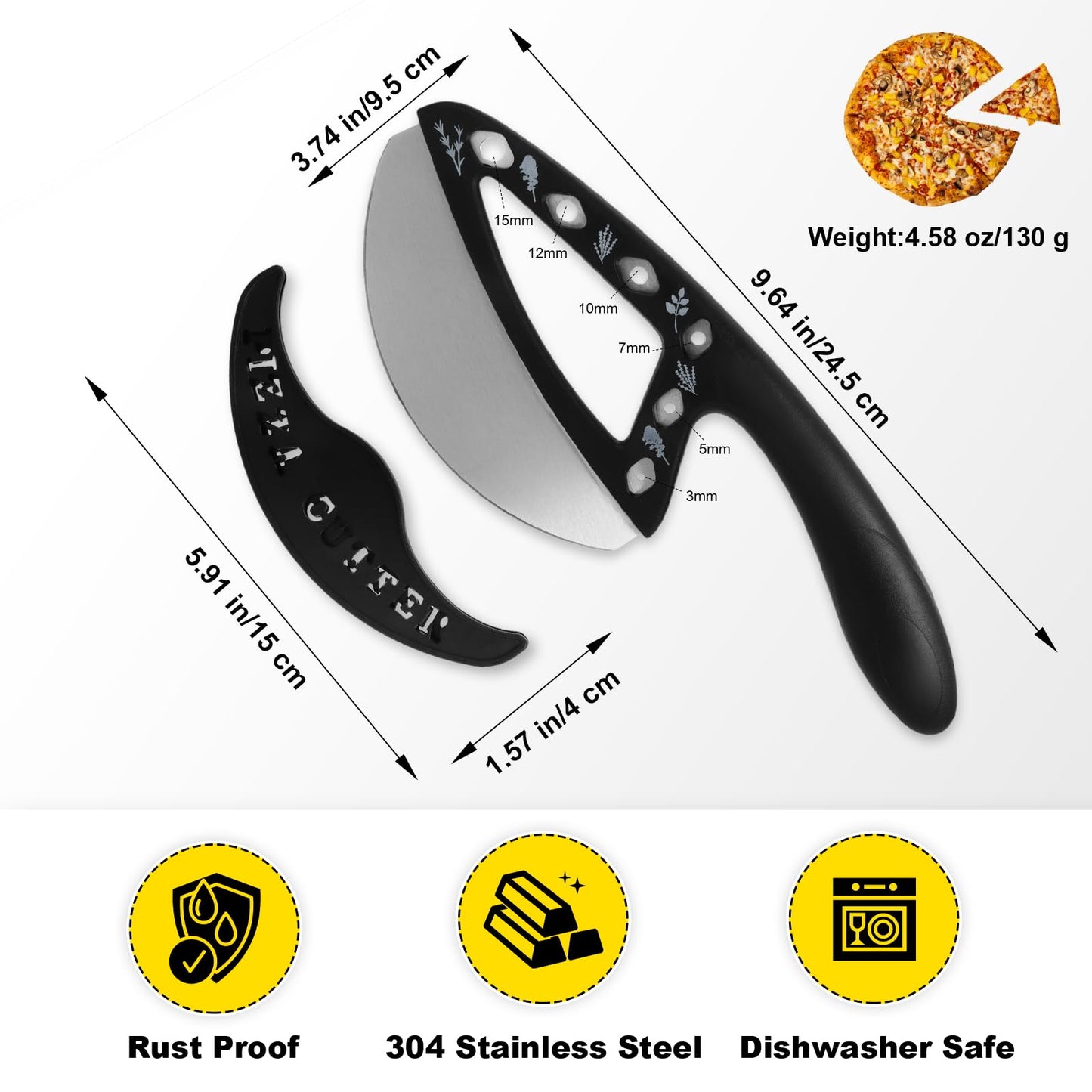 2-in-1 Pizza Cutter Rocker Blade with Herb Stripper Holes, Sharp Stainless Steel Pizza Knife with Protective Cover, Dishwasher Safe,Herb Stripping Tool for Basil,Rosemary