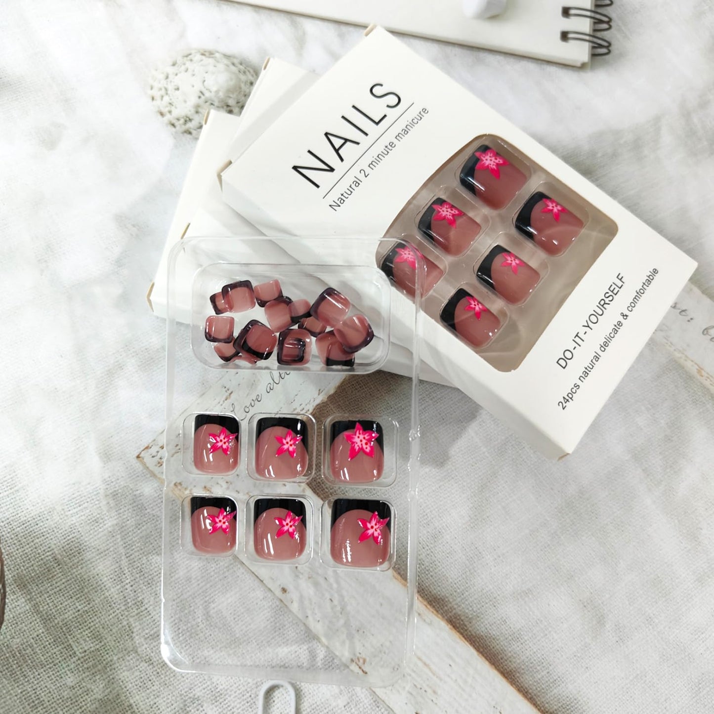 Black French Tip Press on Toenails Short Square Fake Toe Nails with Pink Flower Design Acrylic Toe Nail Press ons Glossy Summer False Toenails Stick on Toe Nails for Coquette Women 24Pcs