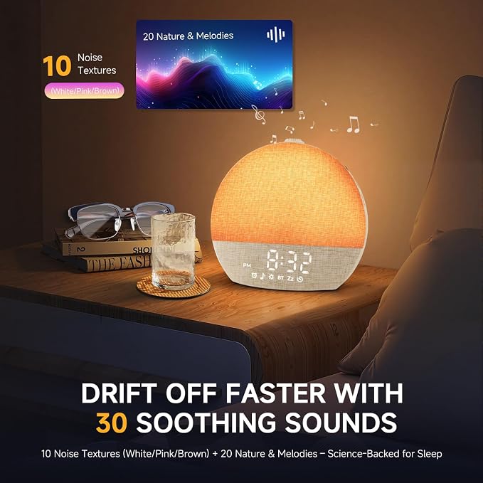 Geuuap Sunrise Alarm Clock White Noise Machine with Bluetooth Speaker,Khaki | 30 Soothing Sounds, 17 Dimmable lights, Simulated Sunrise, Backup Battery Memory, Auto-off Sleep Timer, Screen-Free Design