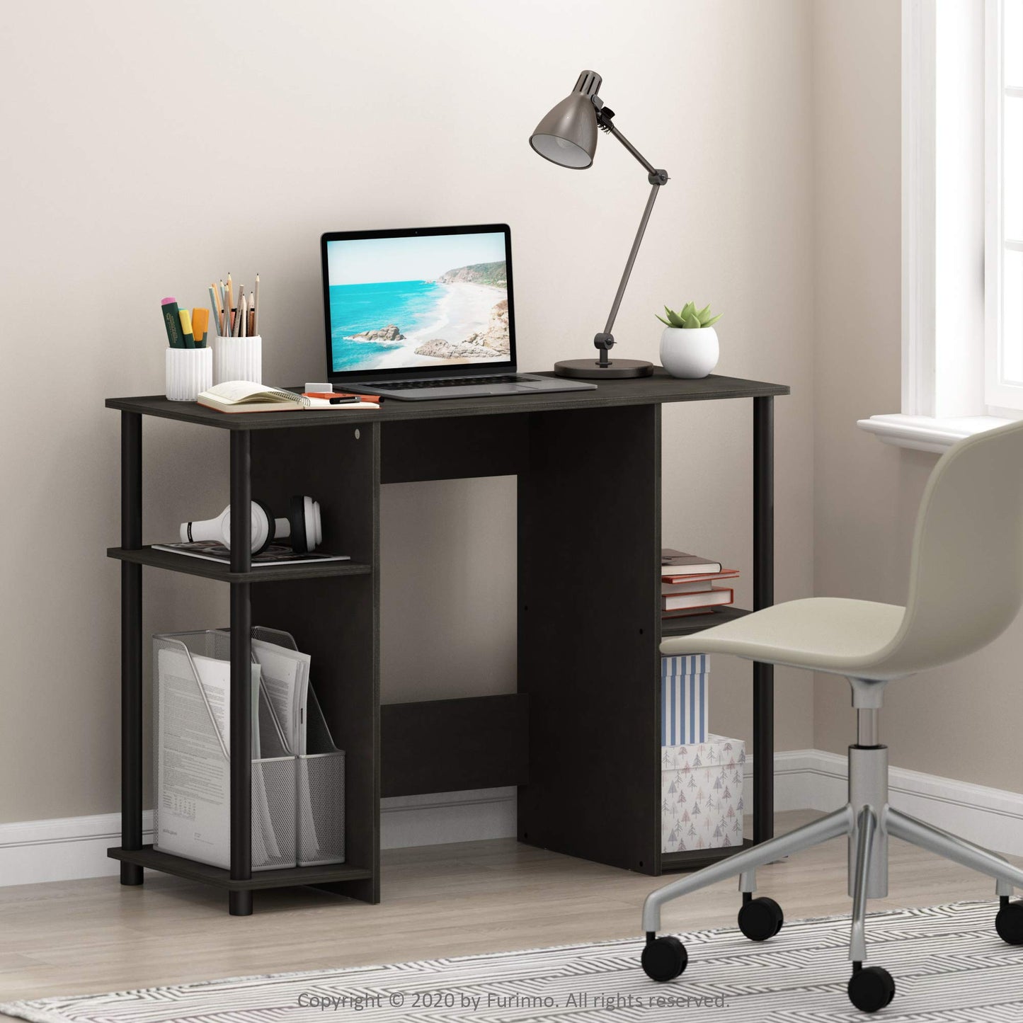 Furinno JAYA Desk, 38.4" Wide Gaming Desk, Computer Study Desk, Office Desk with Side Shelves, Open Storage, for Home Office, Bedroom, Dorm, Study Room, Espresso