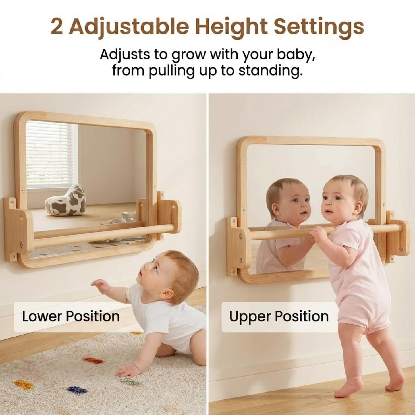 Woodtoe Montessori Mirror with Bar, Adjustable Baby Pull to Stand Toys, Natural Unpainted Solid Wood Frame & Baby Pull Up Bar, Infant Coordination Toddler Mirror, Developmental Toys for 6-18 Months