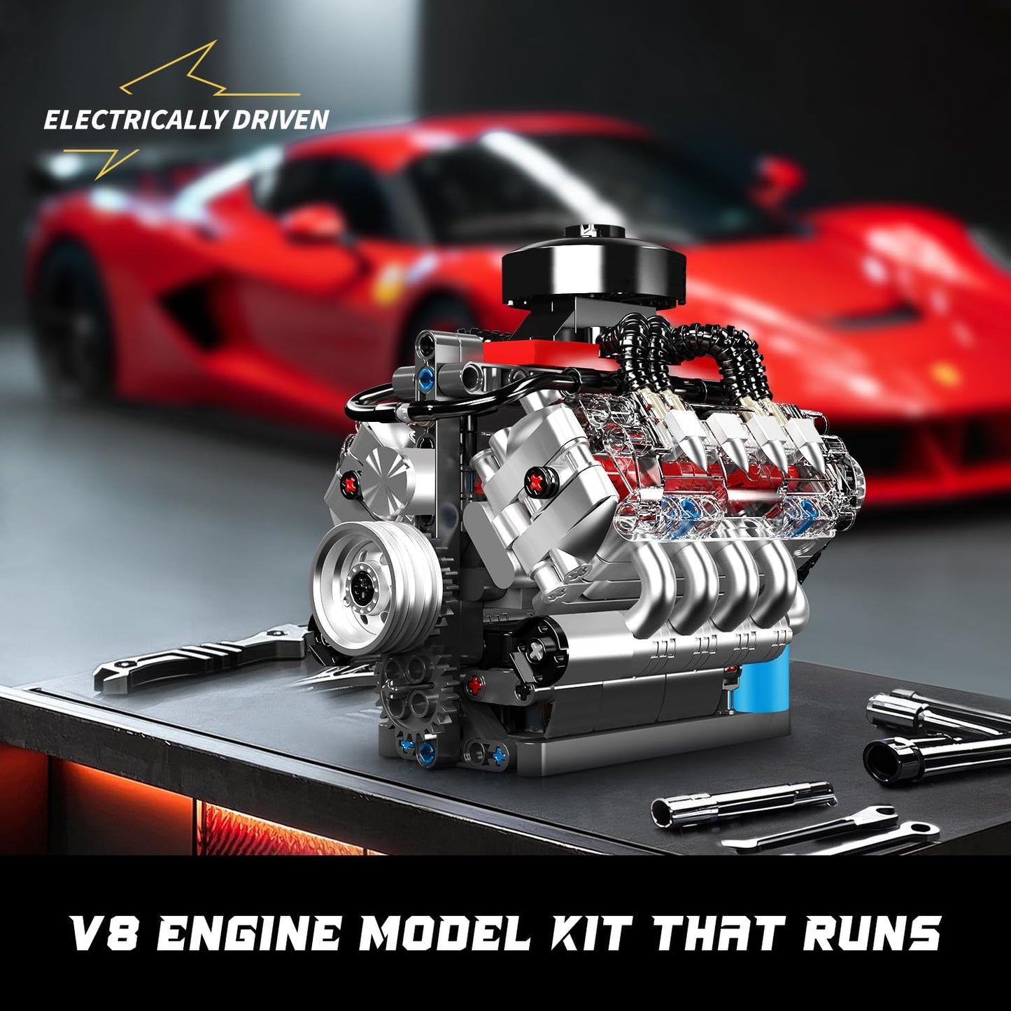 Mould King 10171 V8 Engine Model Kit, Mini V8 Engine Kits That Runs, Build Your Own Car Model Engine with Motor, Collectible Building Blocks for Adults, DIY STEM Construction Toys for Display