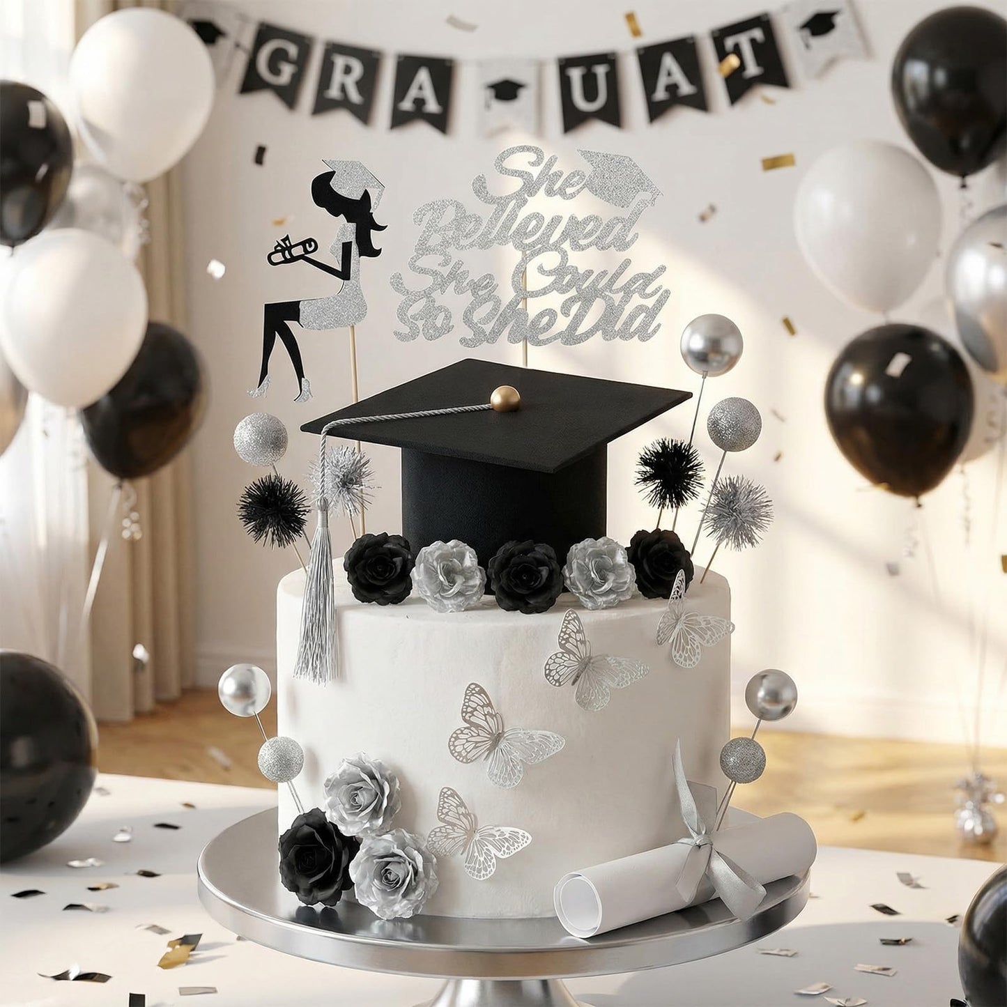 Heliltd 40PCS Graduation Cake Topper Set Black and Silver, Graduation Cake Decorations Kit with Cap Diploma Butterfly Ball Picks Flowers Firework Toppers Girl Silhouette for Class of 2026 Party