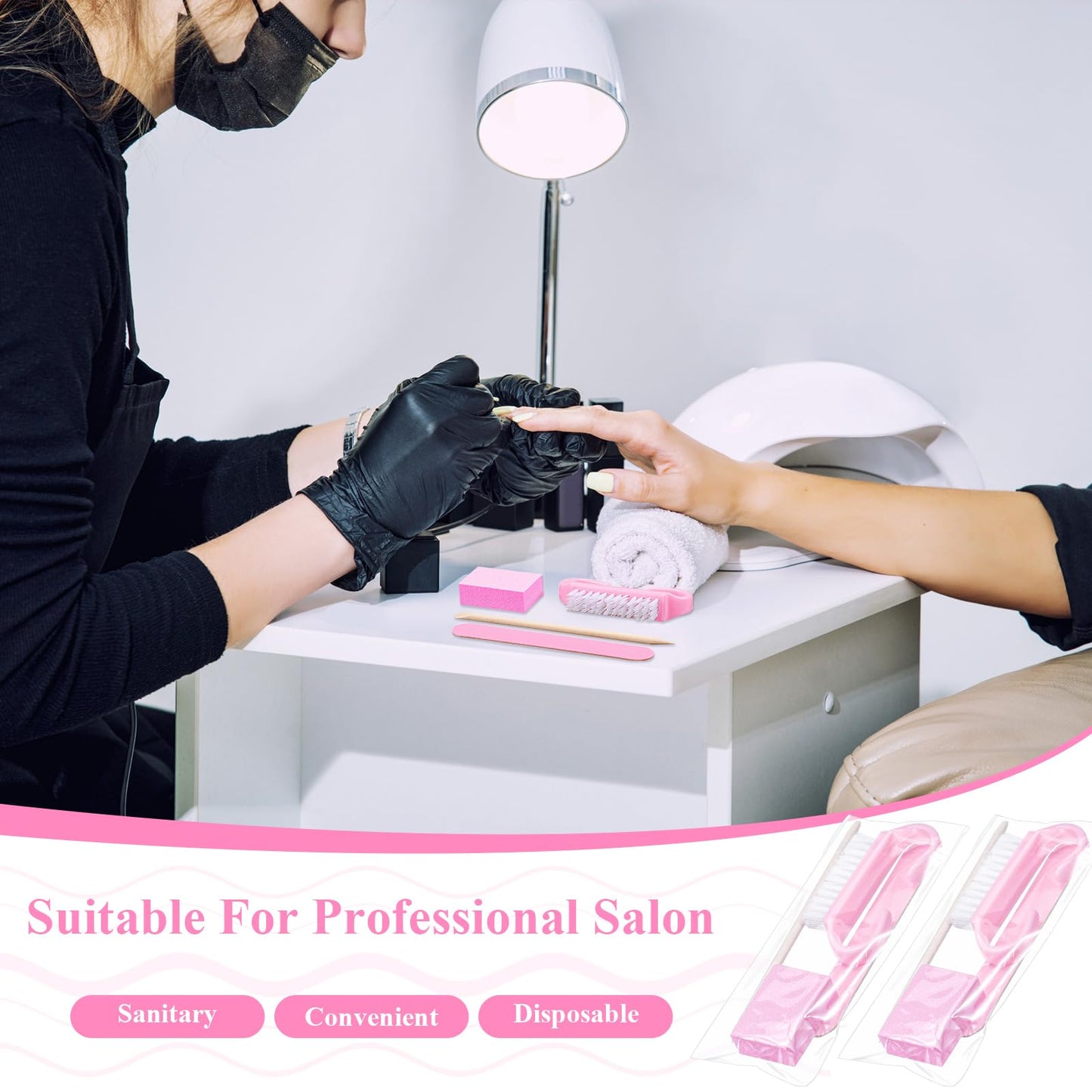 Leriton 100 Sets Mothers Day Professional Disposable Manicure Kit Basics 4 Piece Nail Kit Wood Nail File 100/180 Grit, Mini Buffer 80/100 Grit, Wood Stick and Handle Grip Brush Gifts(Pink)