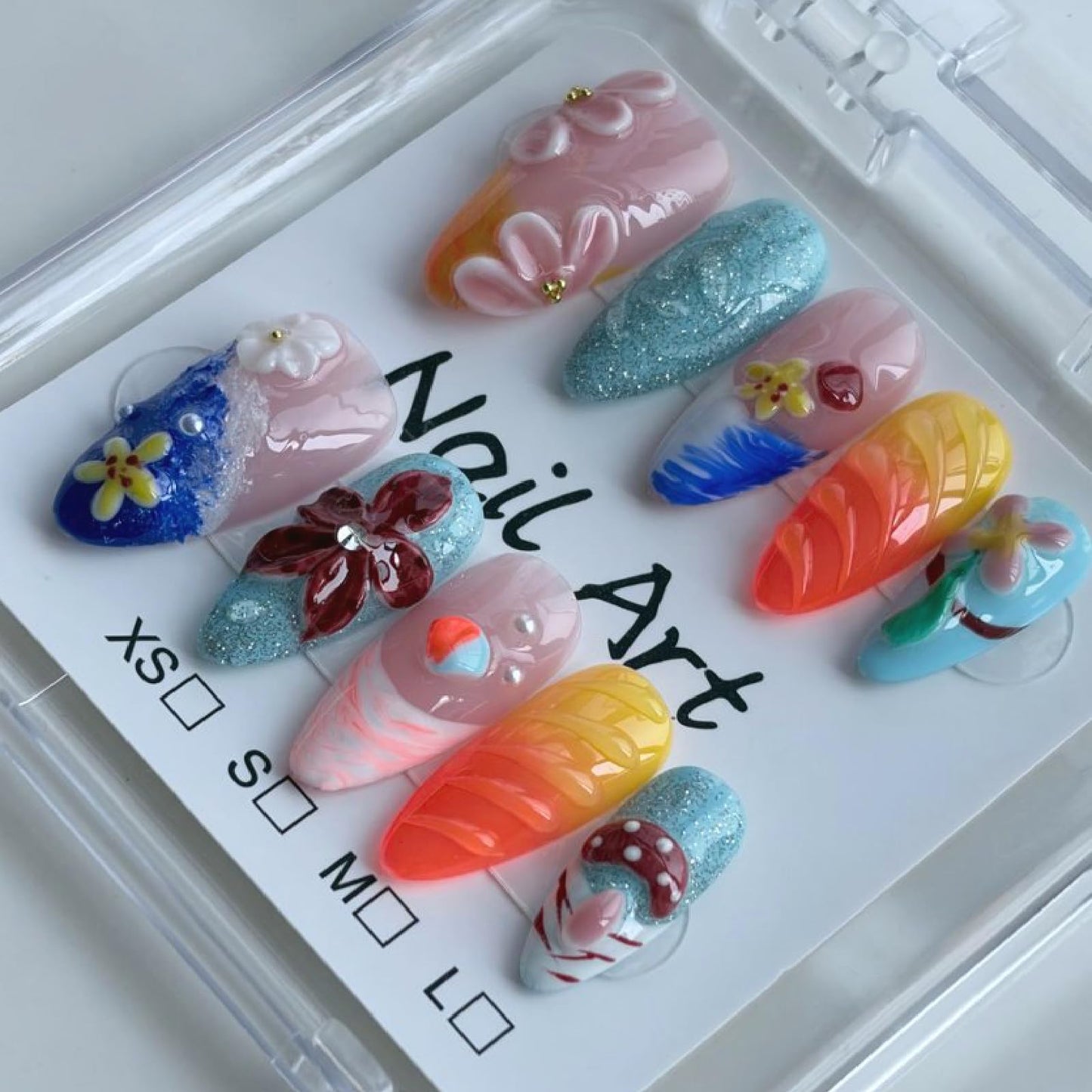 Threelegscat Summer 3D Flower Press on Nails Medium, Pink Orgen Almond Shap Handmade Reusable Fake Nails, For Woman Beach Vacation Party Size M 10 Pcs