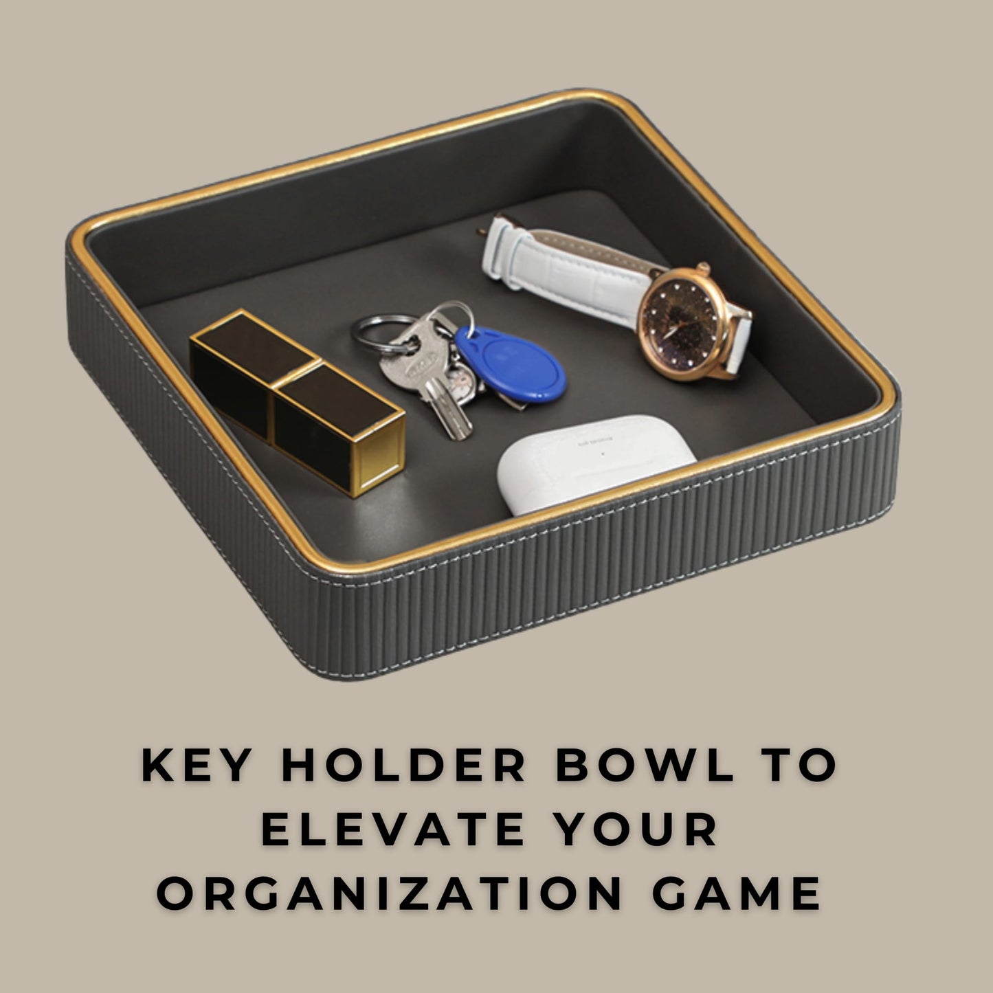 Key Bowl for Entryway Table| Leather Catch All Bowl for Keys| Key Dish Bowl for Entryway Table| Key Basket EDC Tray| Key and Wallet Holder Key Holder Bowl -Gray