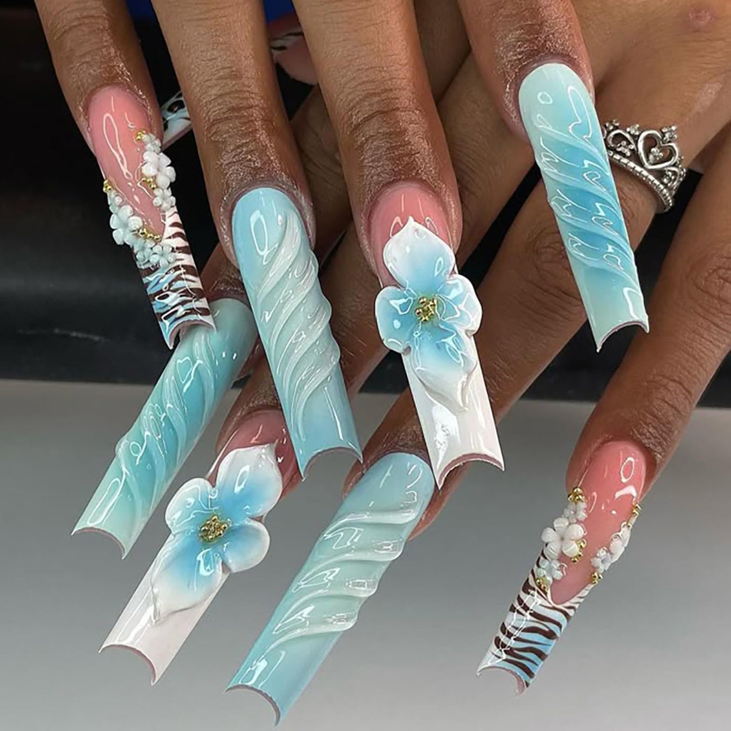 IMRAIN Press on Nails Long Square Fake Nails Blue Ombre French Tips False Nails with 3D Flower Designs Full Cover White Acrylic Glossy Glue on Nails 24Pcs