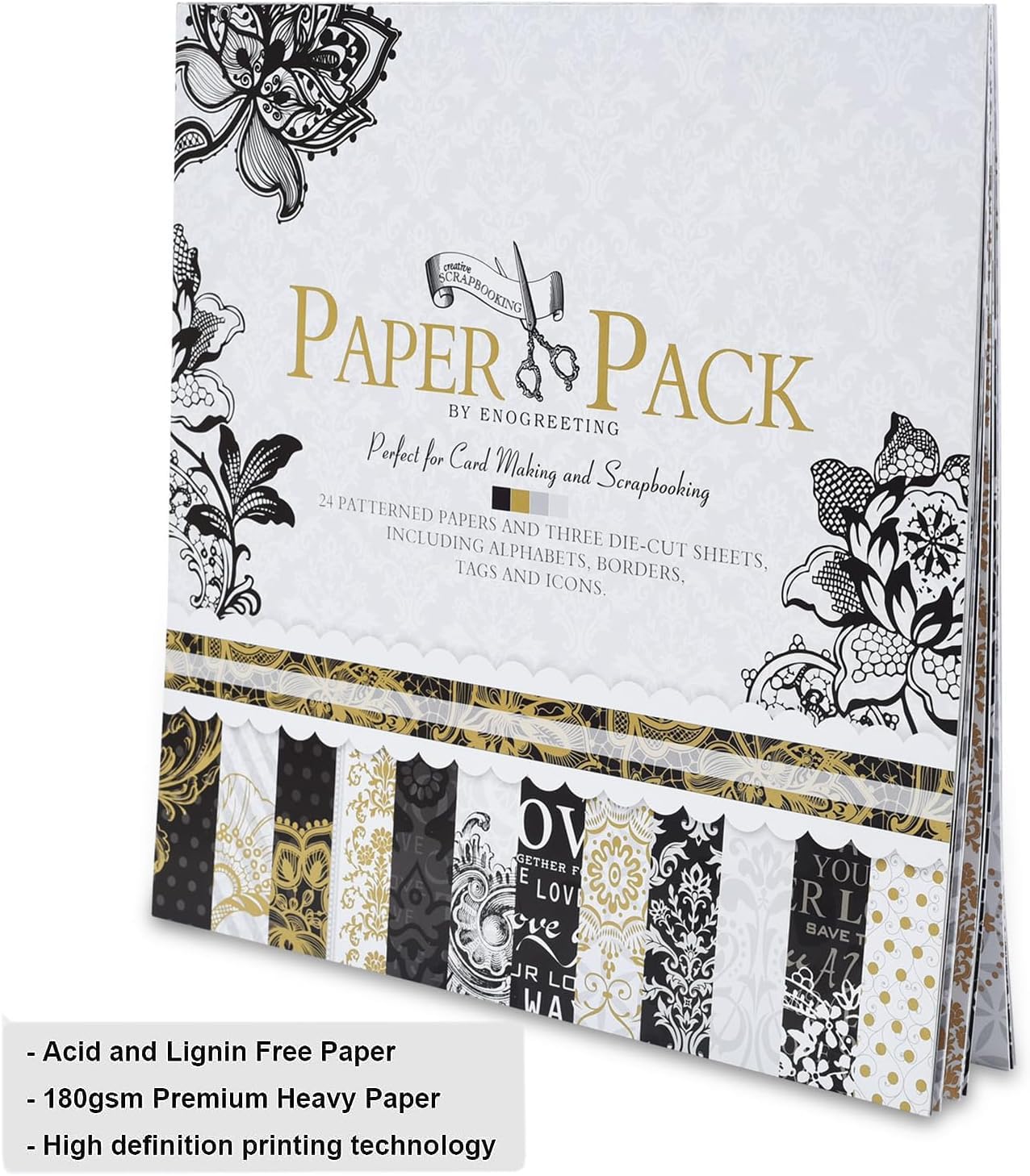 12x12 Vintage Scrapbook Paper Pad - 27 Sheets Gold Foil Black Origami Decoupage Patterned Kit Supplies for Art Journaling Wrapping Card Making Crafting Gift Photo Album