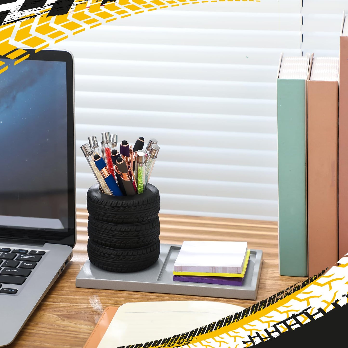 Fullhawl Tire Shaped Pen Holder with Sticky Notes Holder Set Tool Planter Pencil Storage Holder Desk Organizer Home Office Supplies Gift for Mechanics Car Lovers