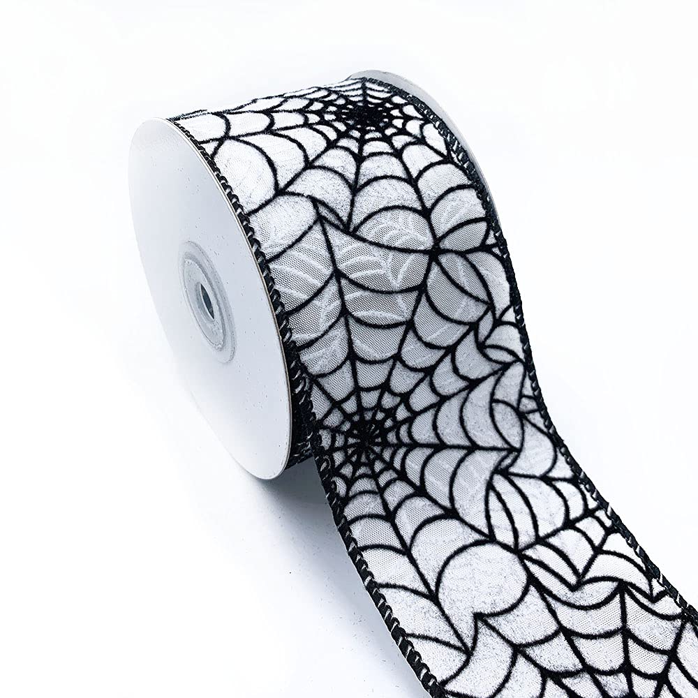 Designer’s Shop Halloween Wired Edge Ribbon 2.5” x 10 Yard for DIY Crafting, Home Décor (Spider Web- Black-White) WR 63-5113 Black Spider Web on White Satin Ribbon