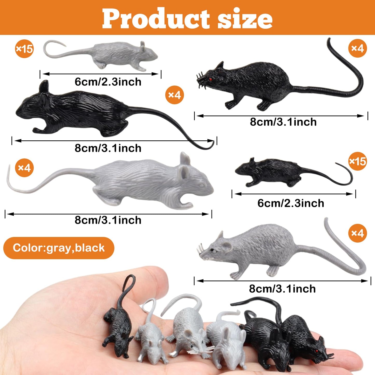 DOITEM 46 Pcs Plastic Fake Rat Plastic Mouse Toys Decorations Realistic Pranks Rats Simulated Small Mouse Mice Toys for April Fools Day Halloween Prank Party Supplies