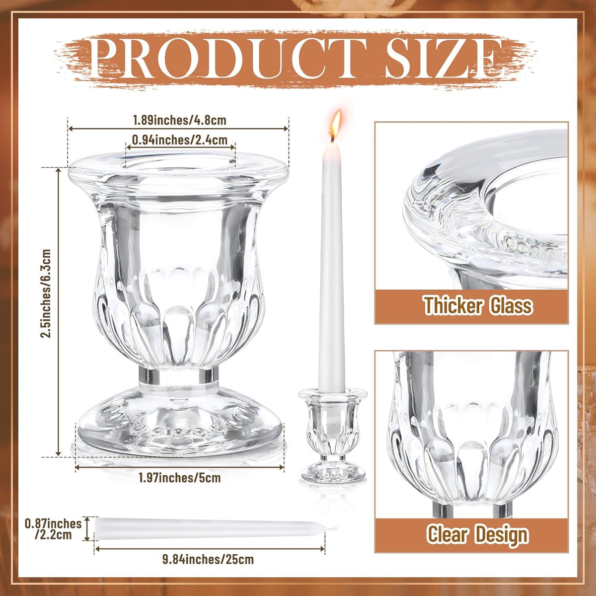 96 Pcs Glass Taper Candle Holders Bulk 2. 5 Inch Clear Candlestick Holder with Long Tapered Candles Candle Sticks Set for Table Centerpiece Wedding Christmas Party Decoration