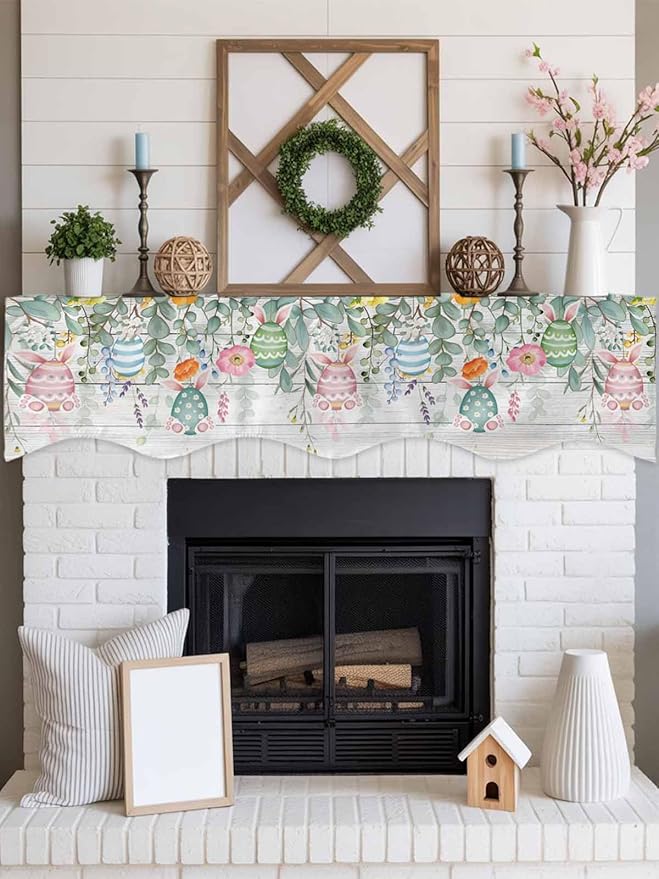 Easter Fireplace Mantel Scarf Table Runner, Spring Eggs Eucalyptus Leaves Wooden Grain Winter Garland Mantel Top Tablerunners Dresser Scarves Cover Decorations for Windows Party Living Room 60''x17''