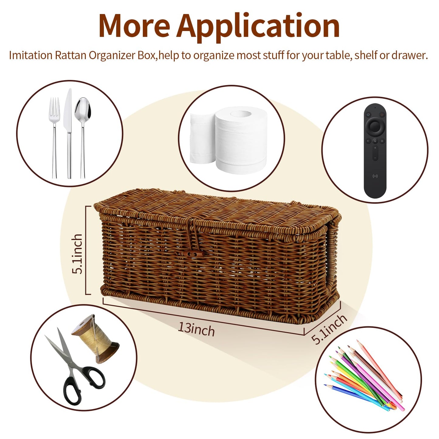 Cable Management Box, Desk Handwoven Rattan Cord Hider Cable Organizer Box With Lid Button Lock, Power Strip Cover Wicker Decorative Basket, Floor Wire Hiding Extension Cord Box (dark brown)
