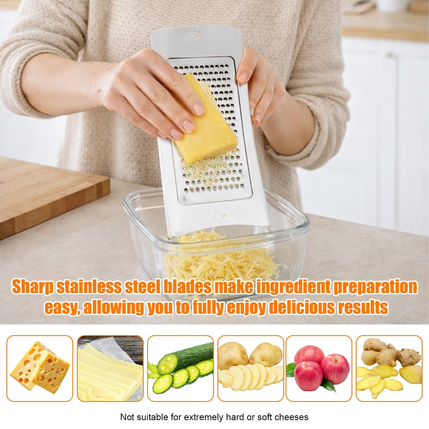 3-in-1 Handheld Cheese Grater Set, Adjustable Stainless Steel Slicer Shredder & Grater with Base, Practical Kitchen Gadgets for Cheese Cucumbers Potatoes Carrots, Dishwasher Safe