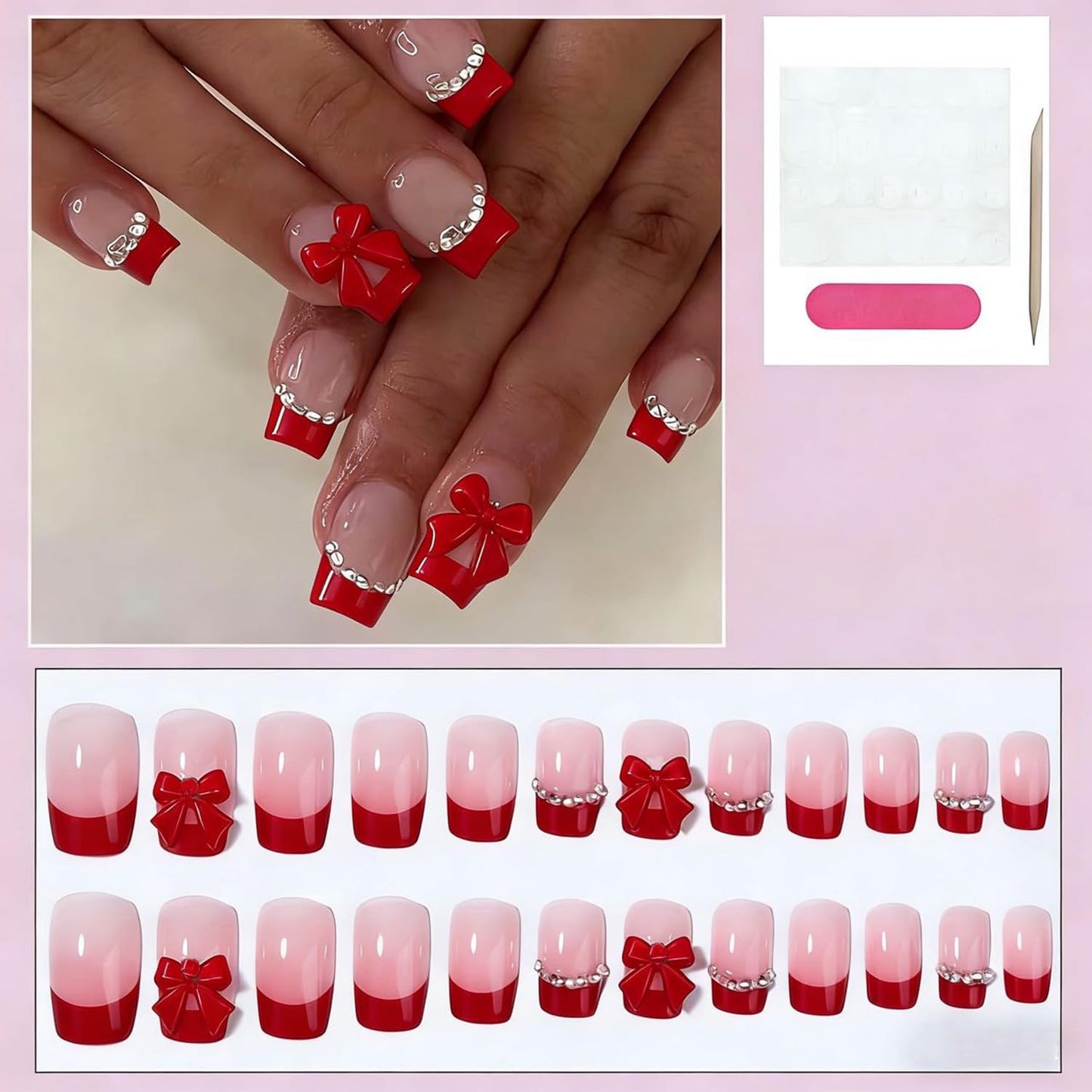 Red French Tip Press on Nails Medium Square Fake Nails with Red Bow Designs Rhinestone Tip Full Cover Stick on Nails Cute Nails Press ons Nude Glossy Artificial False Nails for Women Girls 24Pcs