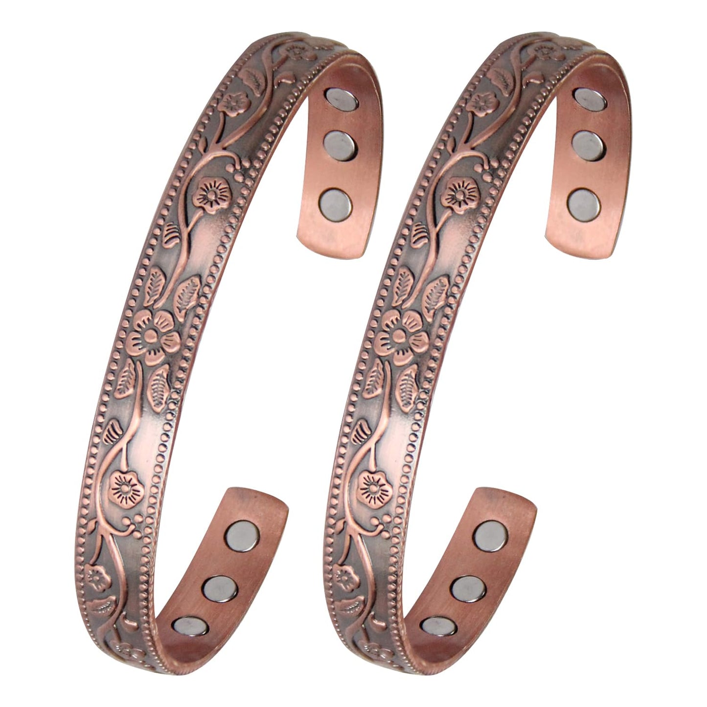 MagEnergy Copper Bracelets for Women, 99.9% Pure Copper Vintage Flower Magnetic Bangle with 3500 Gauss Magnets,6.8" Adjustable Cuff Jewelry Gift (2pcs)
