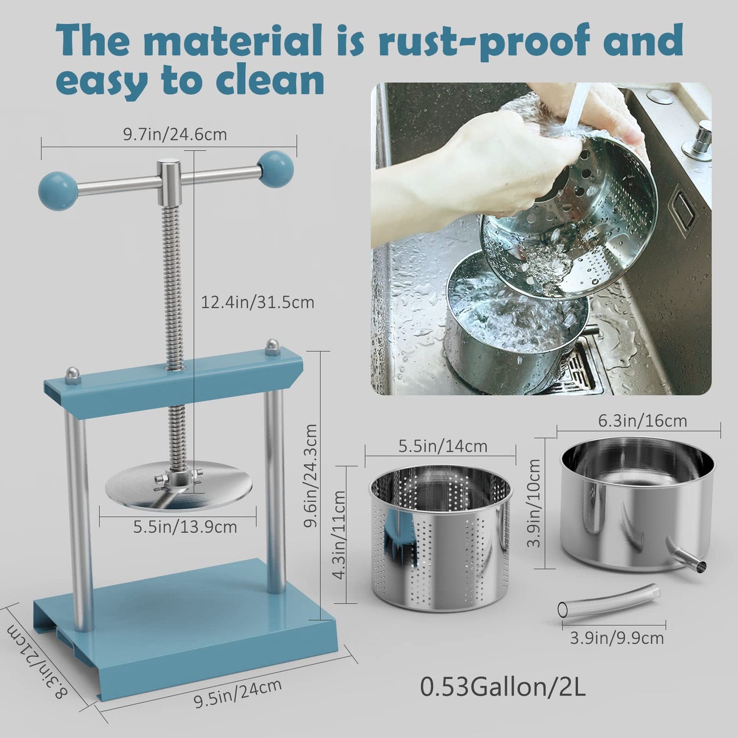 SQUEEZE master Cheese Tincture Herb Fruit Wine Manual Press -0.53Gallon/ 2 Litre-Power Ball Handle-Stainless Steel & Iron for Juice, Cider,Wine,Olive Oil-Blue