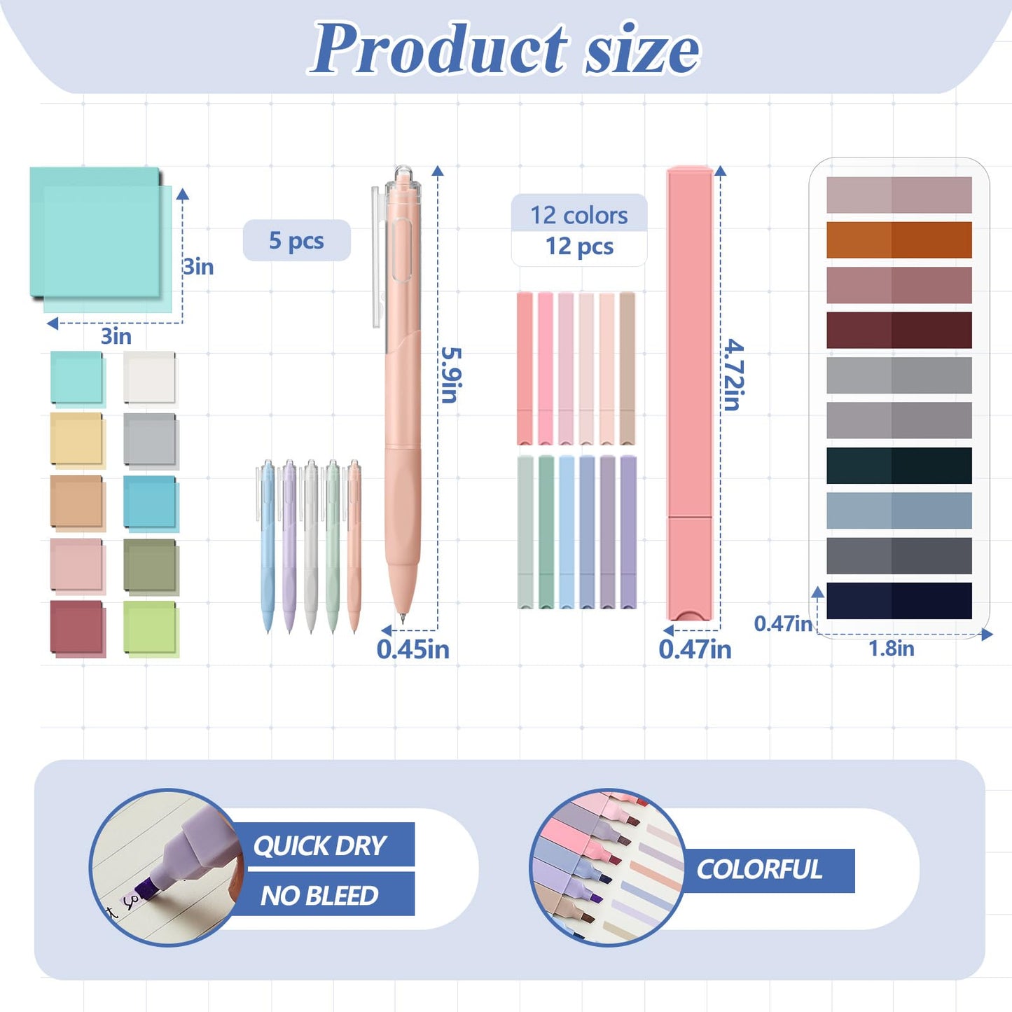 Jutom 39 Pcs Aesthetic Book Annotation Kit Highlighter with Pencil Case Bag Gel Pen Transparent Sticky Note Taking Bible Study College School Supplies(Black,Cute Style)