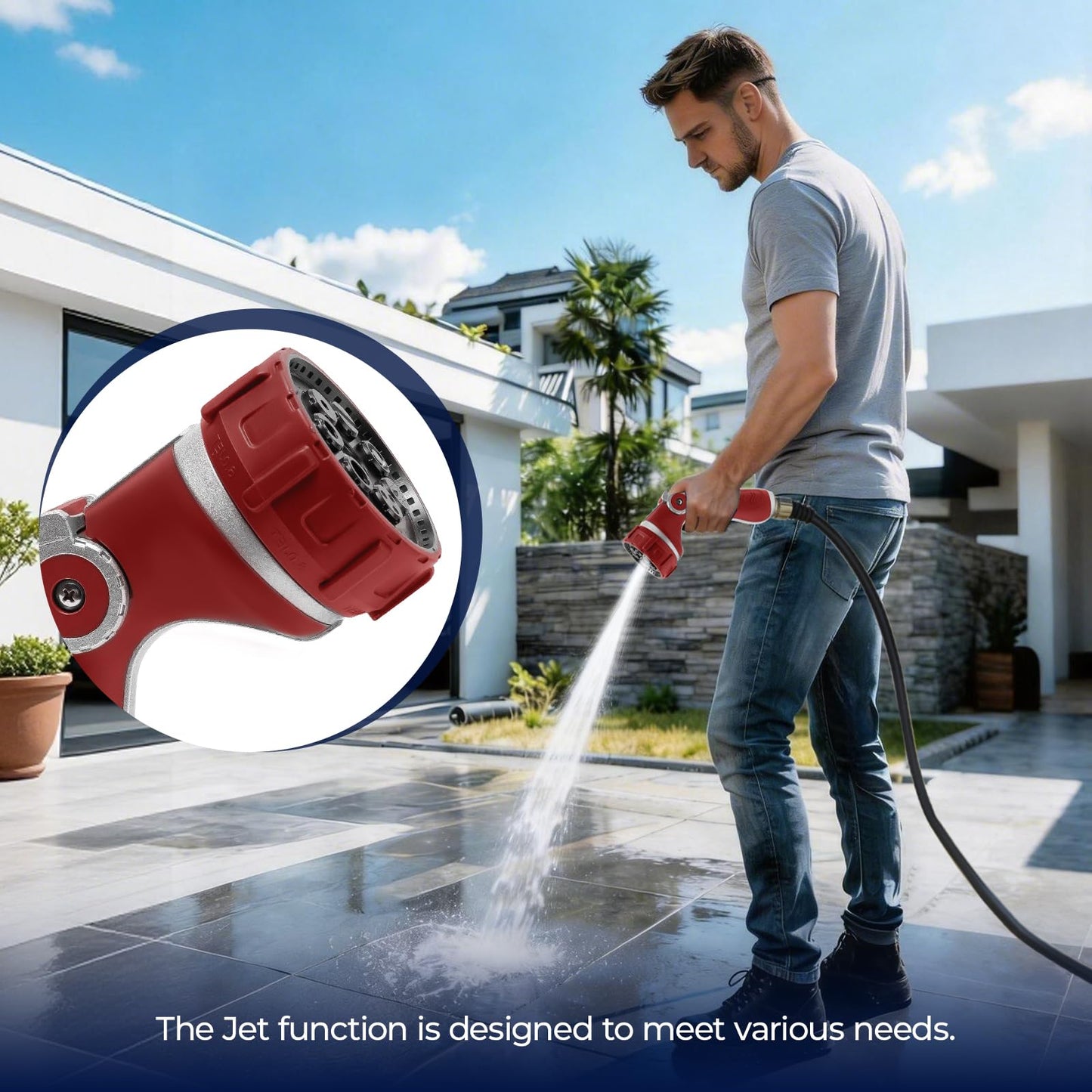 HugeDawn Garden Hose Nozzle with 7 Spray Patterns, Heavy Duty Metal Sprayer 30% Greater Water Flow for Watering, Car Wash, Outdoor Cleaning (Red)
