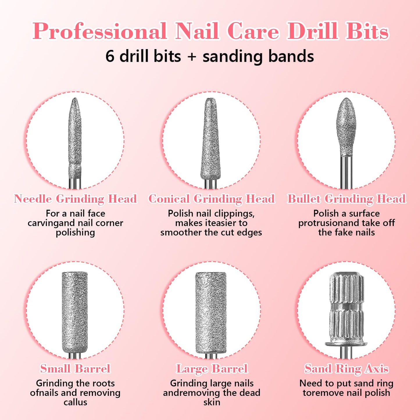 3Pack 6Pc Nail Drill bits Set,Professional Nail Art Tools Set for Acrylic Art,with 6 pcs Sanding Bands for Manicure & Pedicure Crystal Nail Files,Perfect for Nail Salons & Beauty (3Pack)