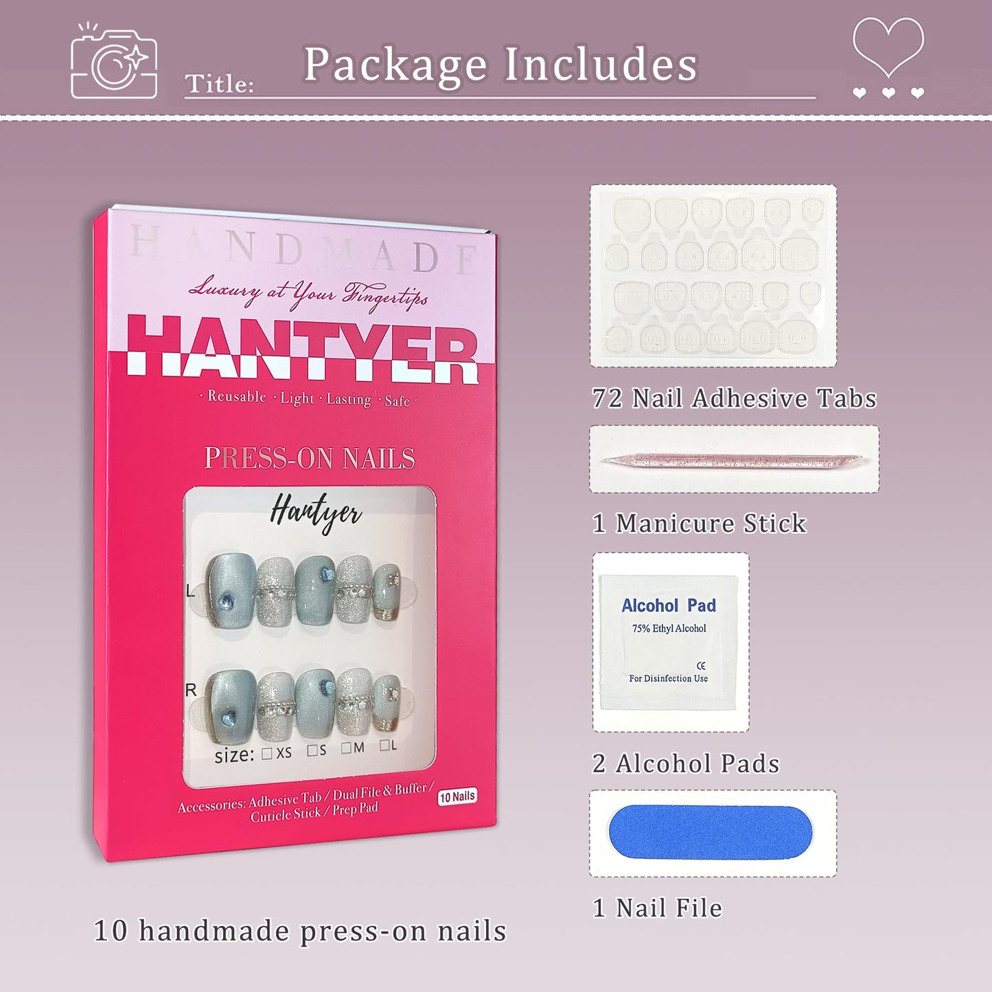 Hantyer Squoval Press On Nails, Handmade Soft Gel Blue And Silver Fake Nails with Silver Bead Accents, Shimmering Glitter Design Full Cover Reusable False Nails 10PCS Kit (Size S)