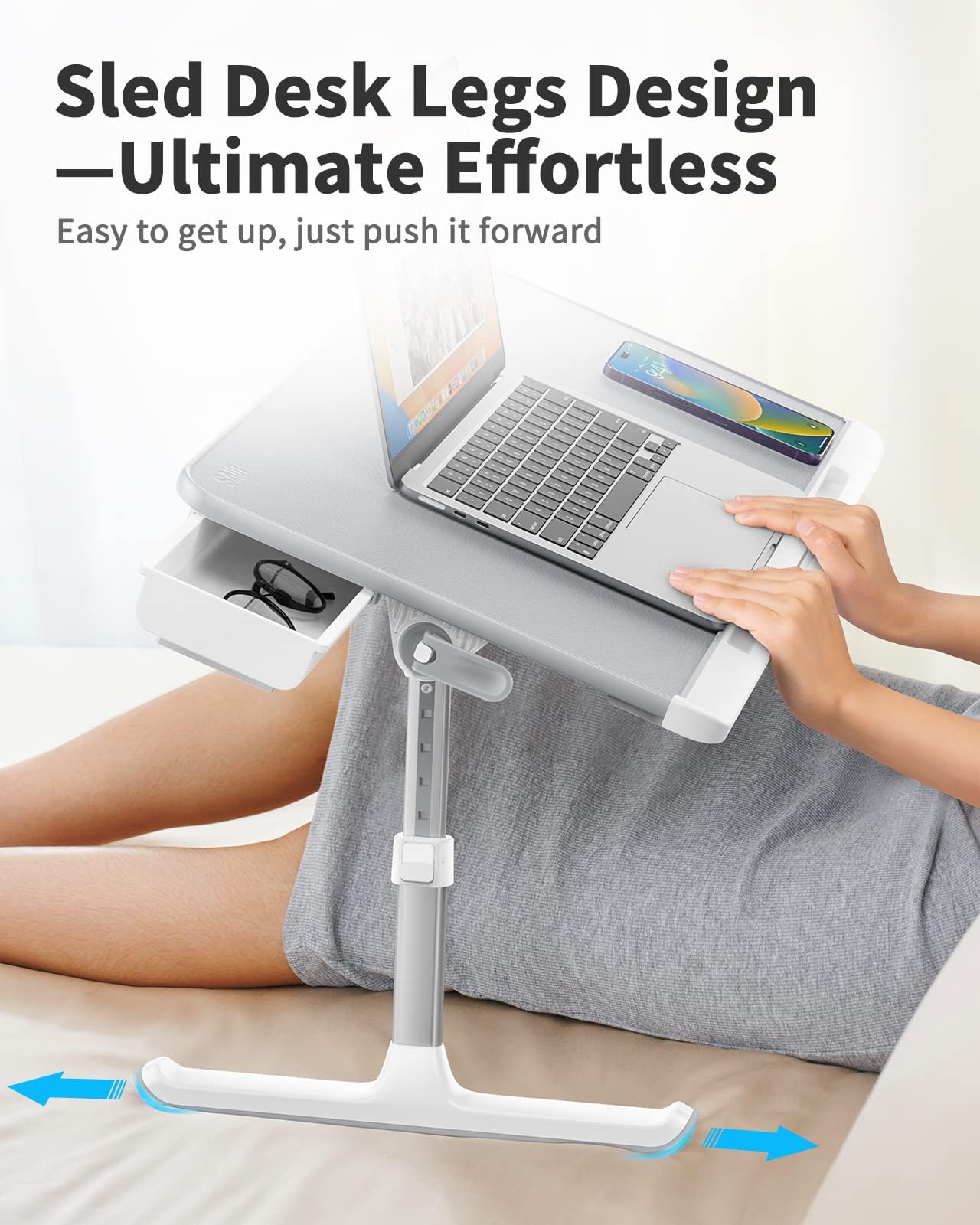 SAIJI Laptop Bed Tray Table - 23.6" x 13" Adjustable Portable Standing Desk with Storage Drawer, Foldable Lap Desk Fits 17" Laptop, PVC Leather for Couch Sofa (Gray)