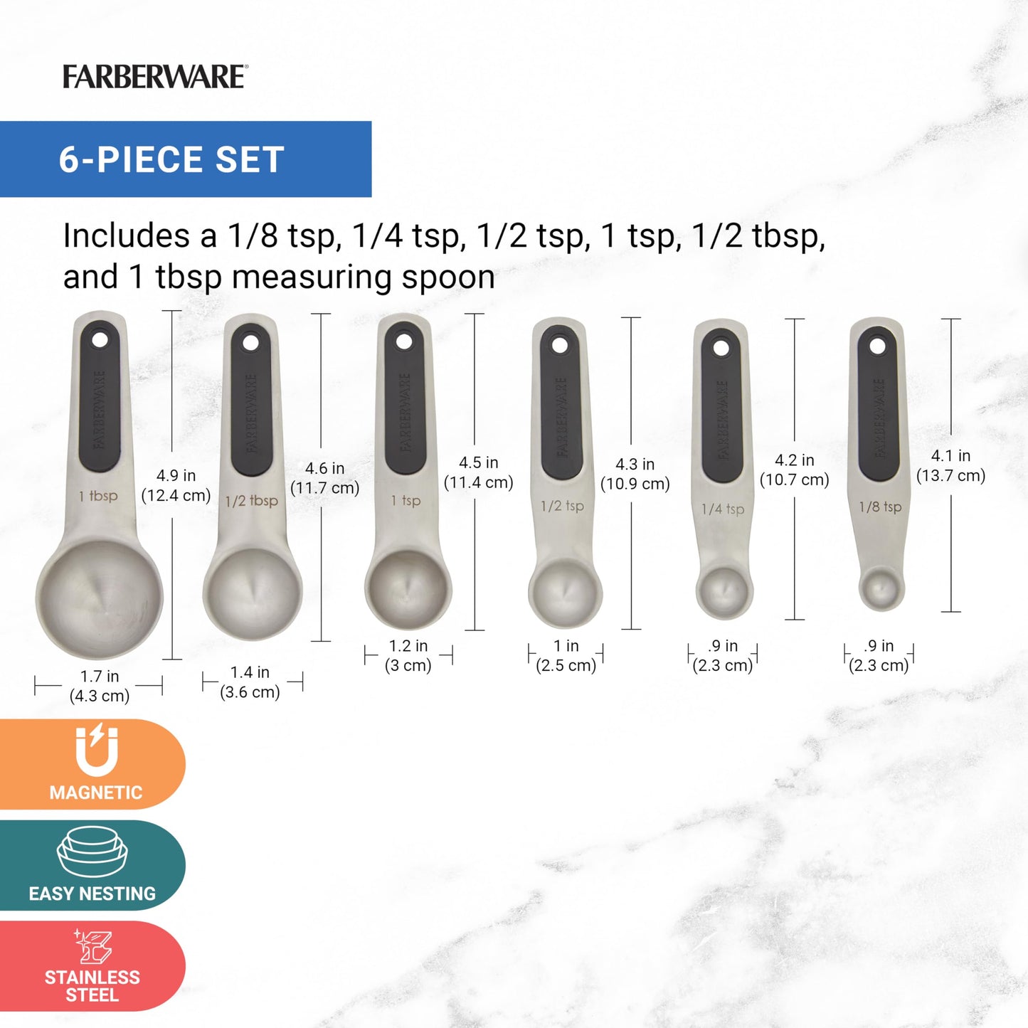 Farberware Professional Stainless SteelMeasuring Spoons Precision and Ease in Every Scoop, Features Magnetic Handles for Easy Storage, Dishwasher Safe