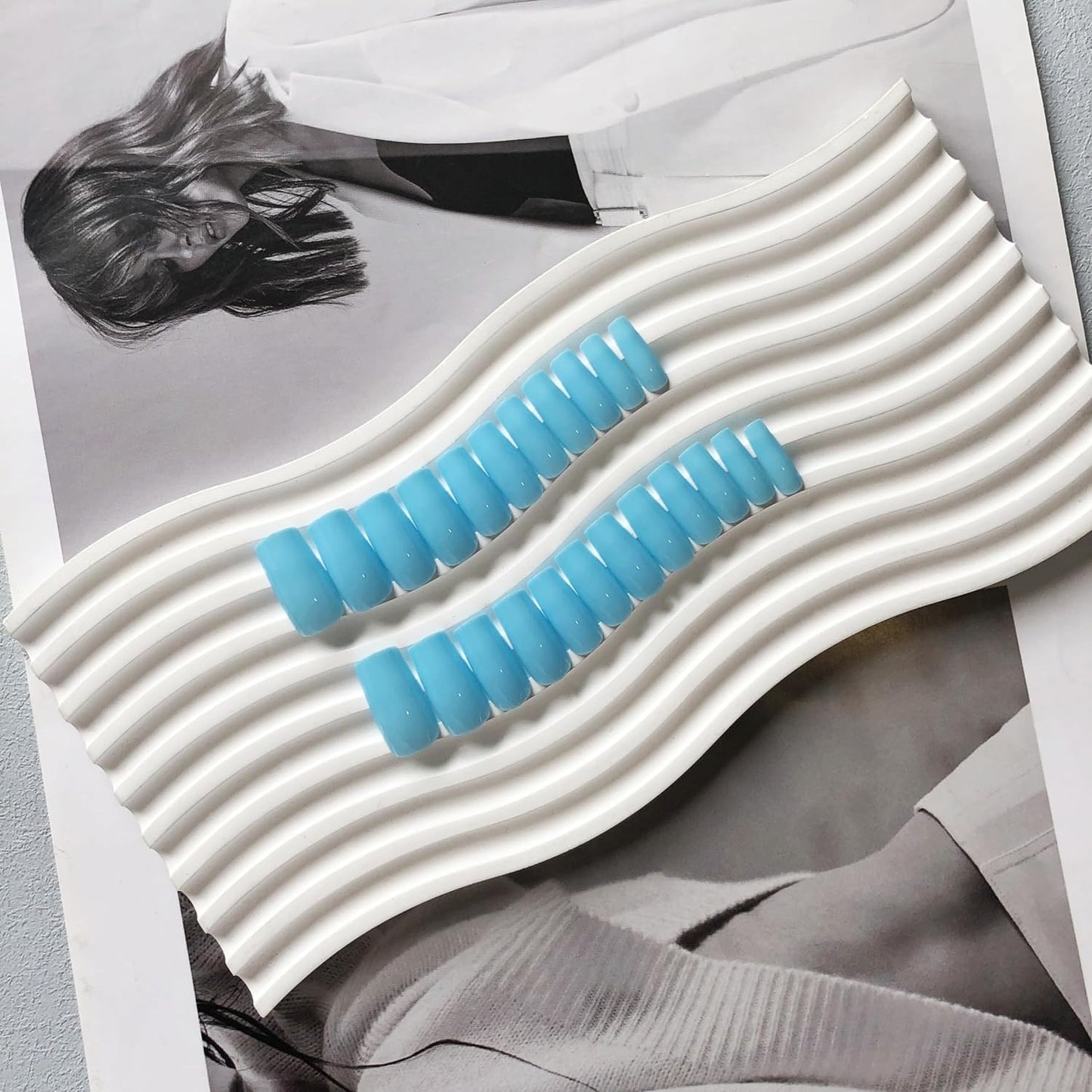KQueenest Light Blue Press on Nails Long Medium Square, Sky Blue Fake Nails Medium Coffin, Glossy Sheer Color Acrylic Nails Press ons, Reusable Soft Gel Glue on Nails for Women Summer