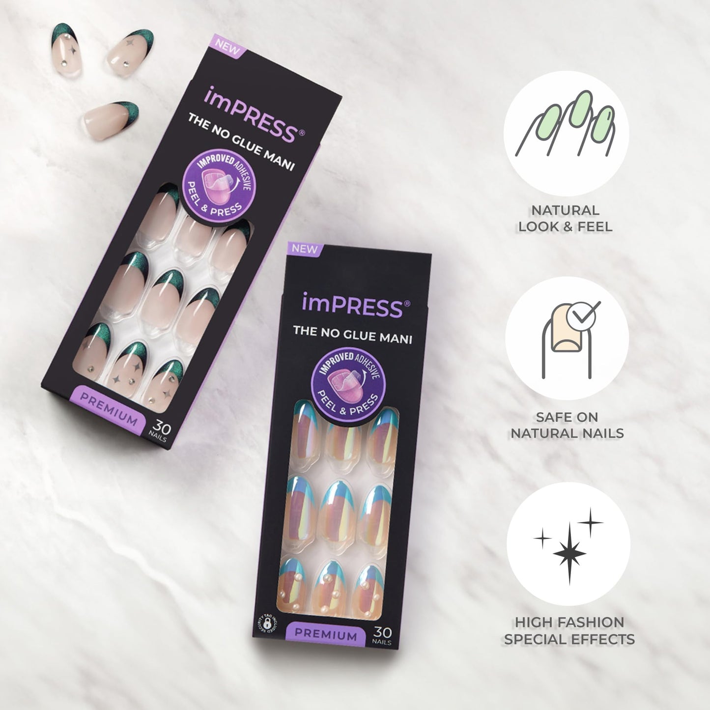 KISS imPRESS Press-On Manicure Premium Collection Fake Nails - All My Love, Pink, Aurora, Medium & Almond Shape, Easy To Apply, Super Hold, Chip Proof, Smudge Proof, No Dry Time, Durable | 30 Count