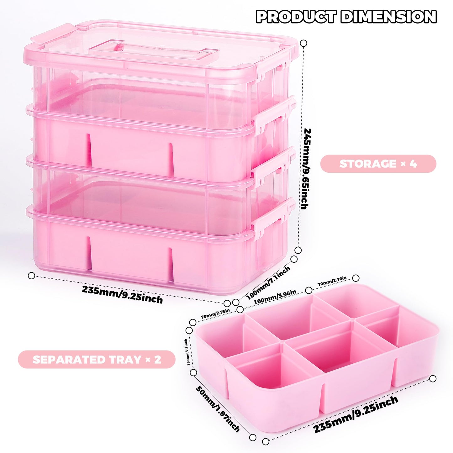CraftGenes Art Supply Storage Organizer with 2 Removable Trays, 4-Layer 10QT Durable Craft Organizers and Storage for Sewing, Tool, Office Supplies, Art, Craft Supplies(Pink)