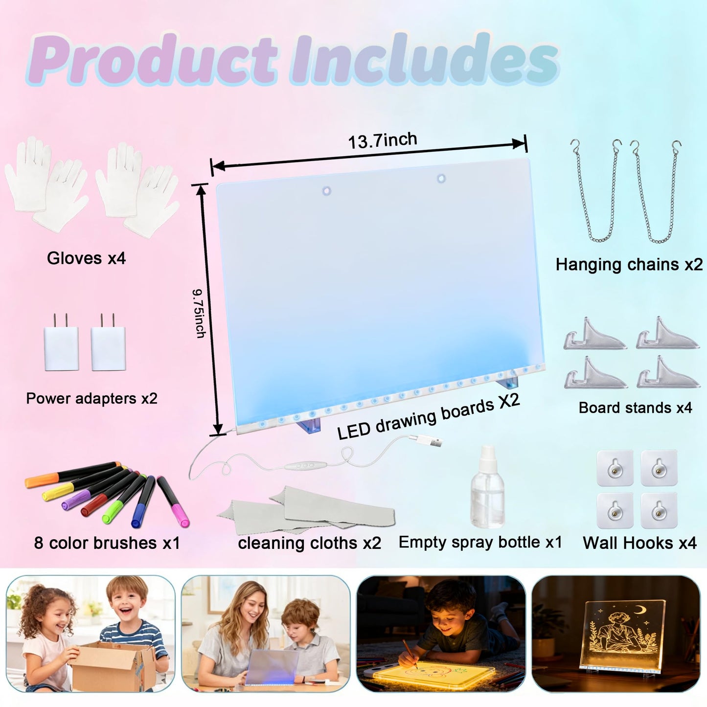 2026 2Pack LED Drawing Board with Colors, Glow Doodle Acrylic Dry Erase Board for Kids Ages 6+, 13.7"x9.75" Plug-in Light Up Note Boards for Boys & Girls Drawing & Creative Play