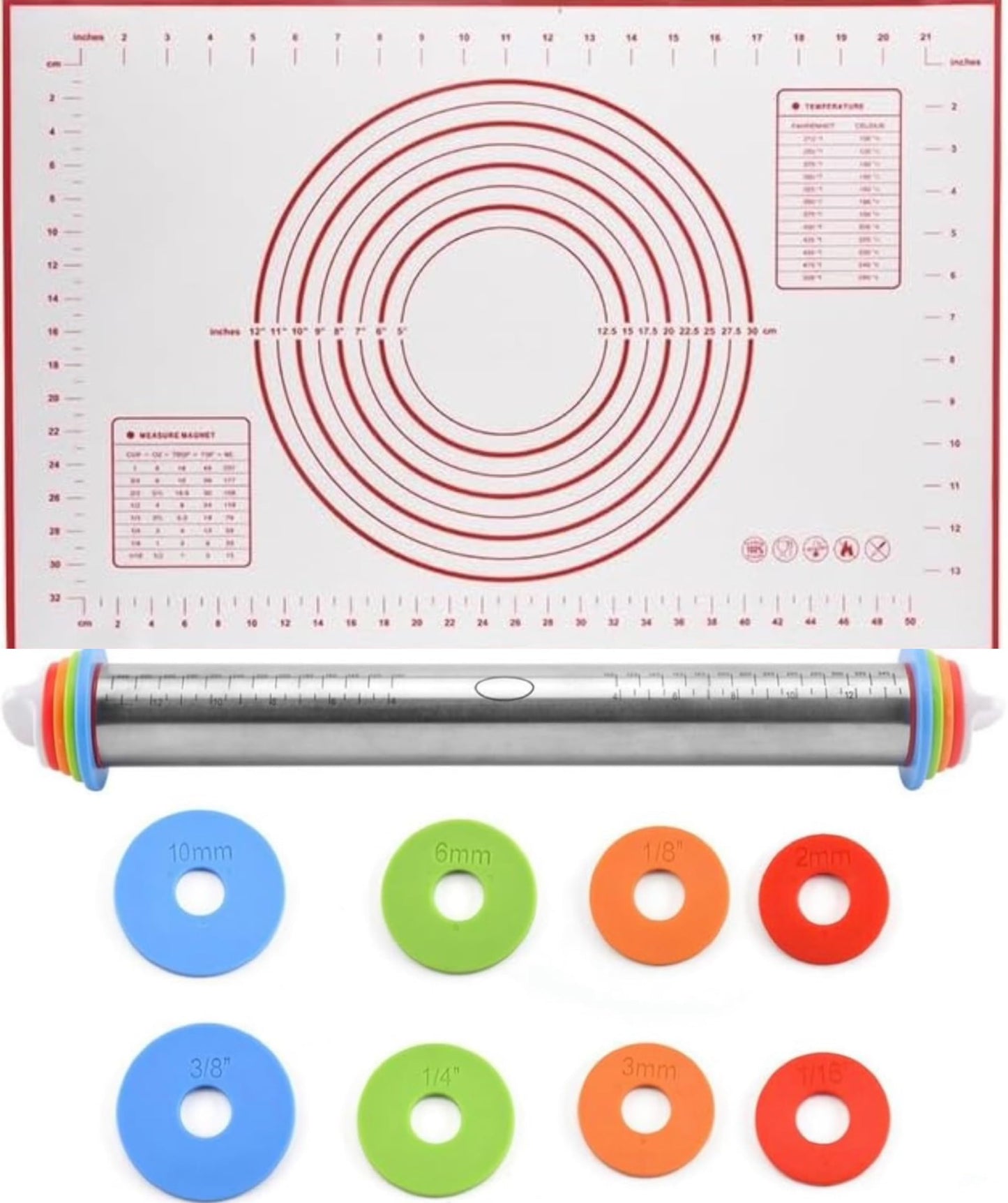 Rolling Pin and Silicone Baking Pastry Mat Set, Stainless Steel Dough Roller with Adjustable Thickness Rings, for Pizza, Pie, Pastries, Pasta, Cookies (Red)