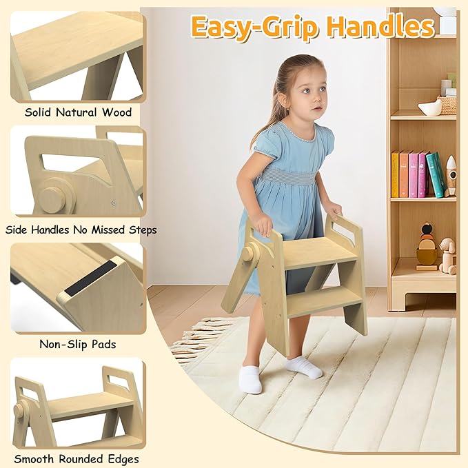 Wooden 2 Step Stool for Kids Bathroom Foldable 2-Step for Toilet Potty Training, Child Stepping Stool for Kitchen Nursery Bedroom